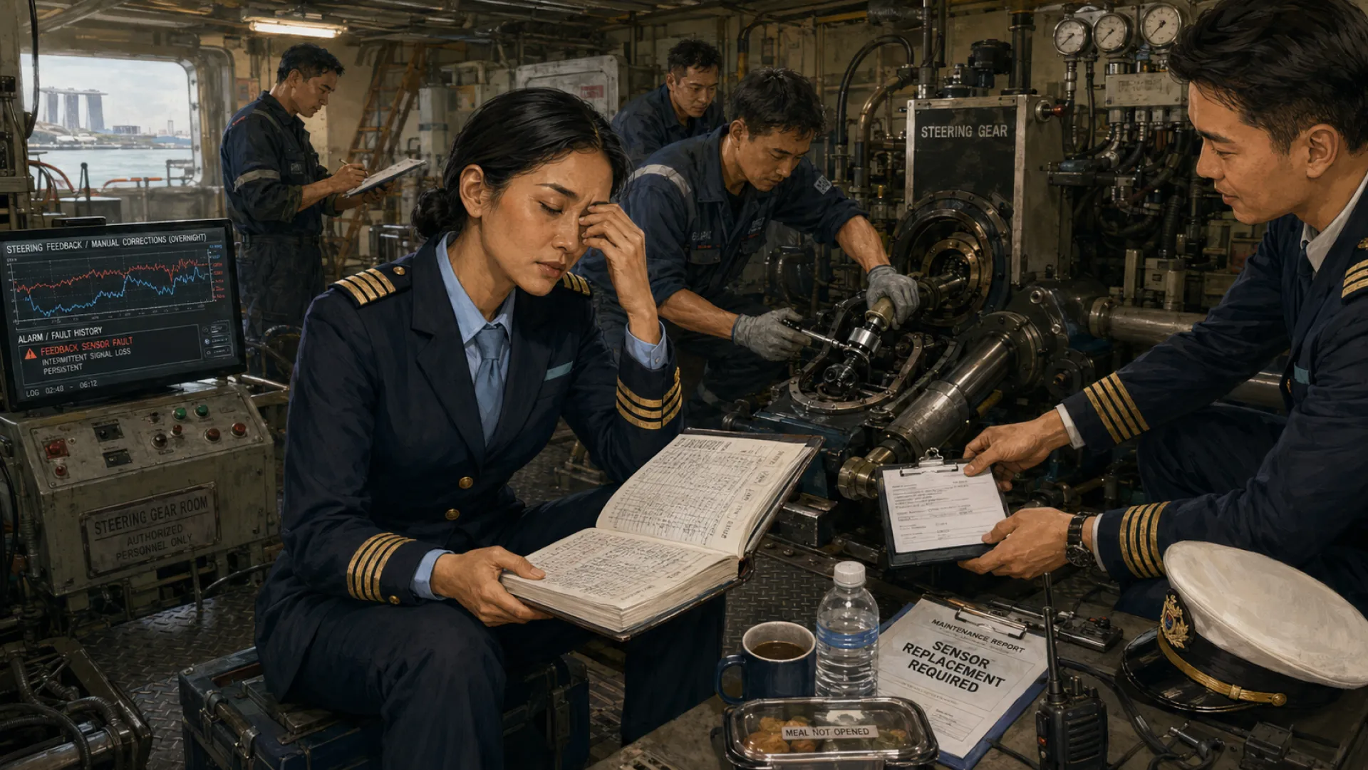 The Anchor sitting in a ship's steering gear room with the overnight log open, a fault alarm on the screen and an unopened meal on the bench