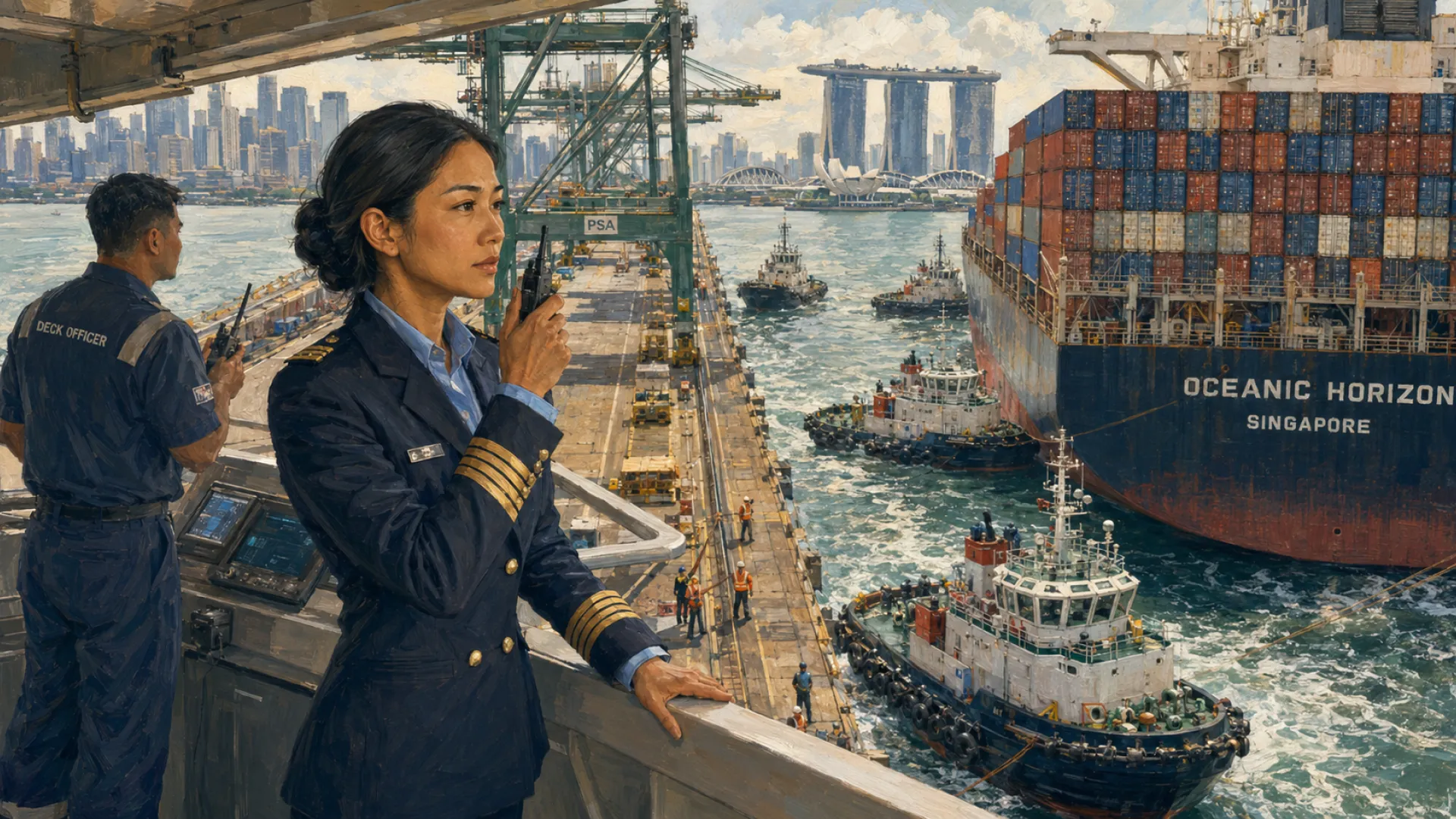 The Anchor at a container terminal rail with a radio, watching a ship being worked on the quay below
