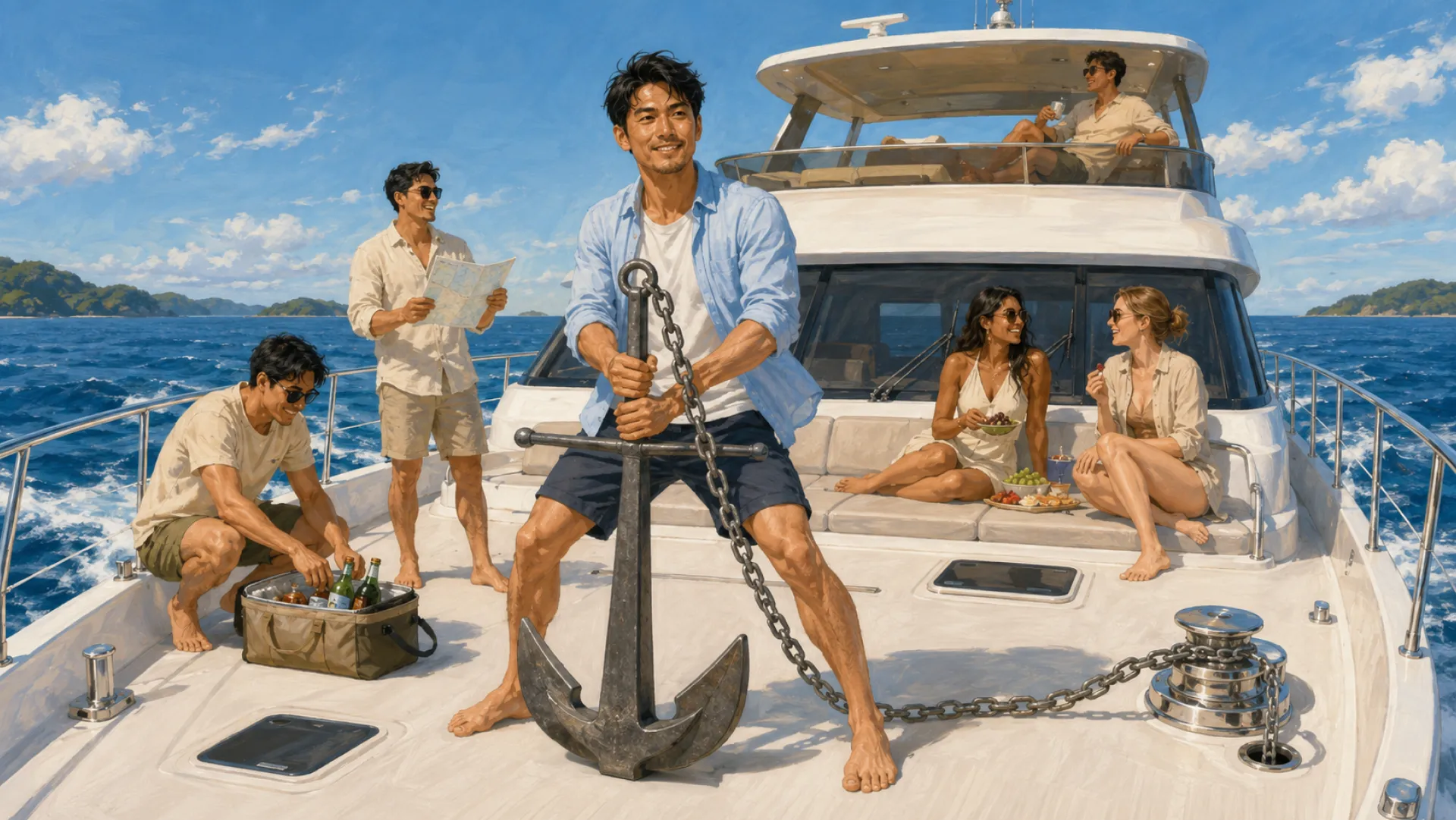The Anchor hauling a heavy anchor up onto the bow of a boat while the others aboard eat and talk