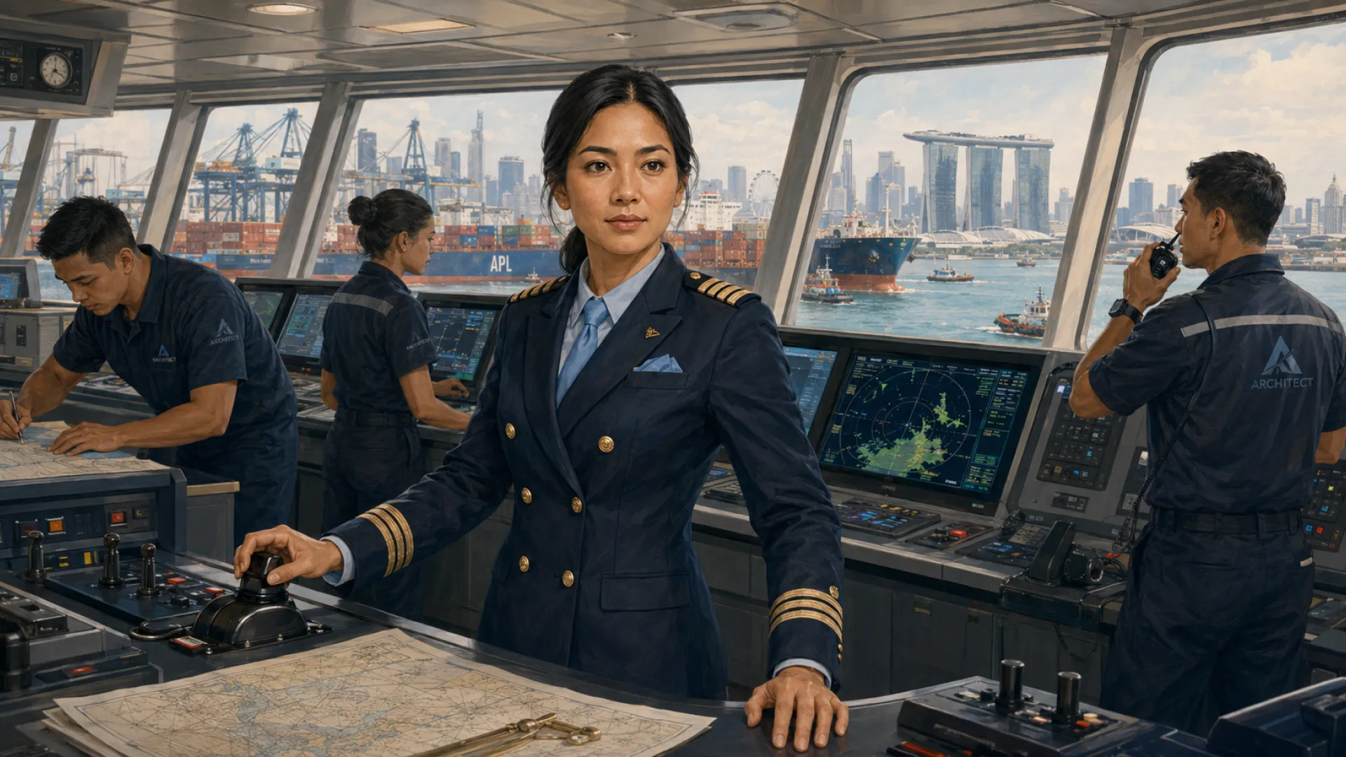 The Anchor on a ship's bridge, one hand on the controls and one on a paper chart, the working port behind them