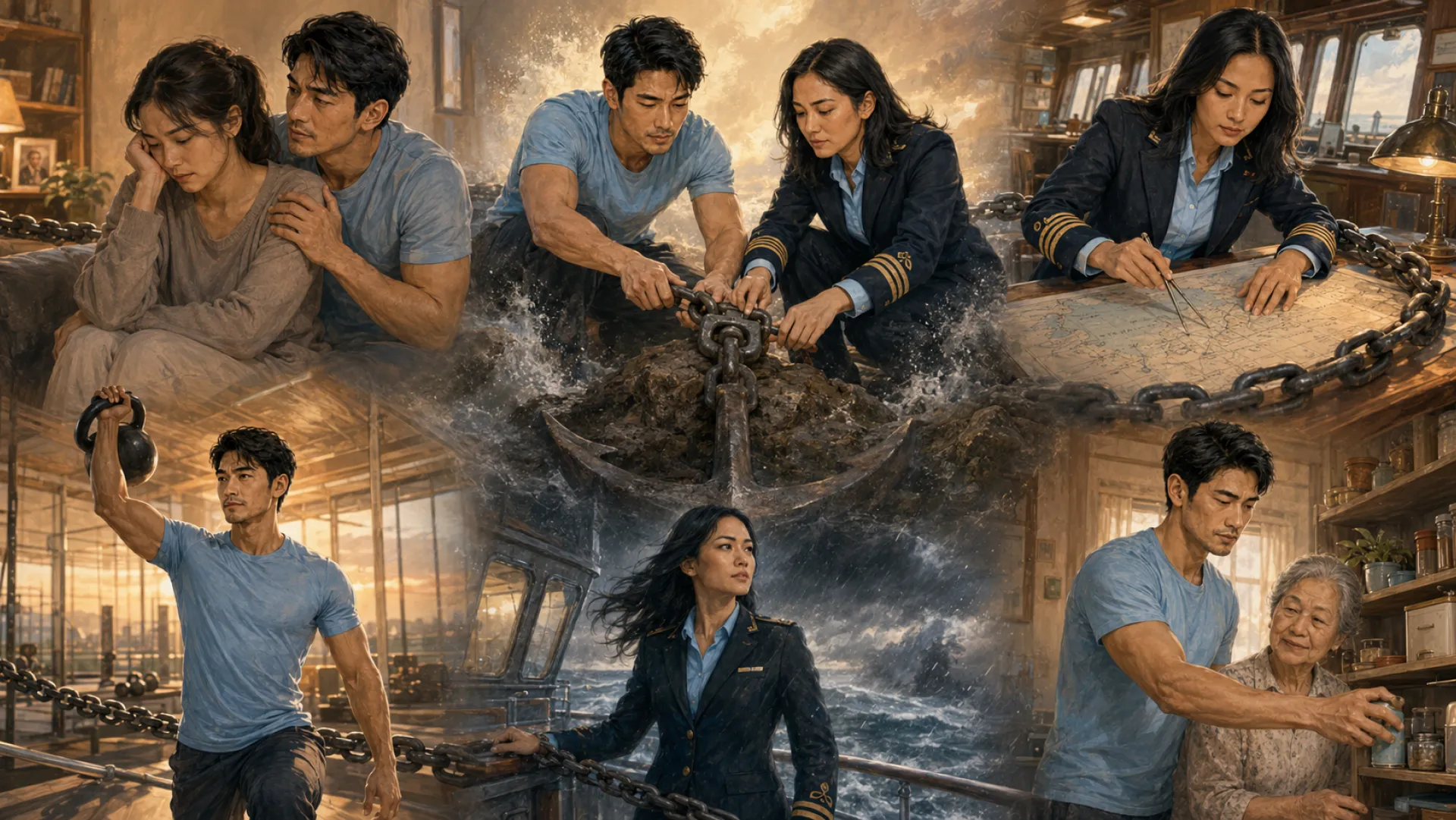 The Anchor in six scenes linked by an anchor chain: comforting someone at home, hauling the chain through spray with another person, working over a chart, lifting a kettlebell, standing at a rail in a storm, and reaching a shelf for an older relative