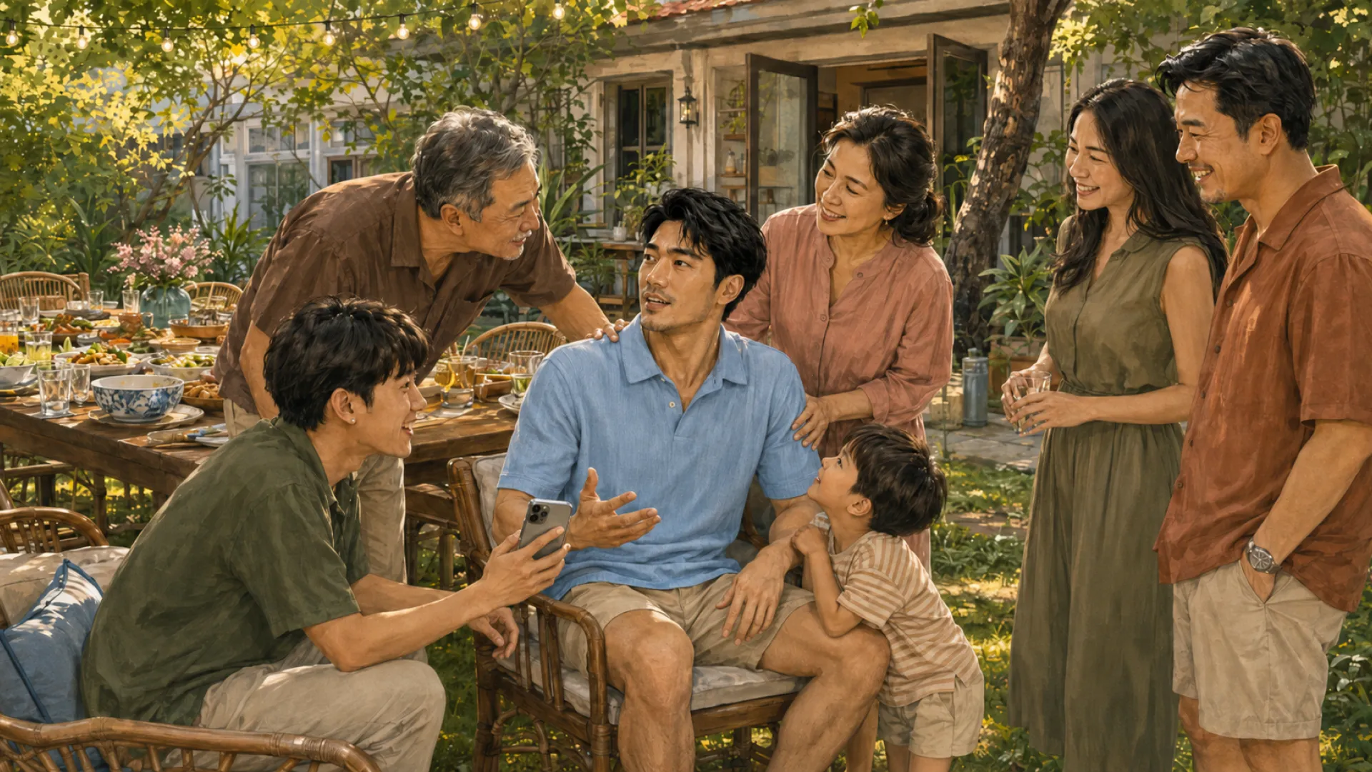The Anchor in a garden chair beside a laid table, a child leaning on their knee and family of several ages gathered around