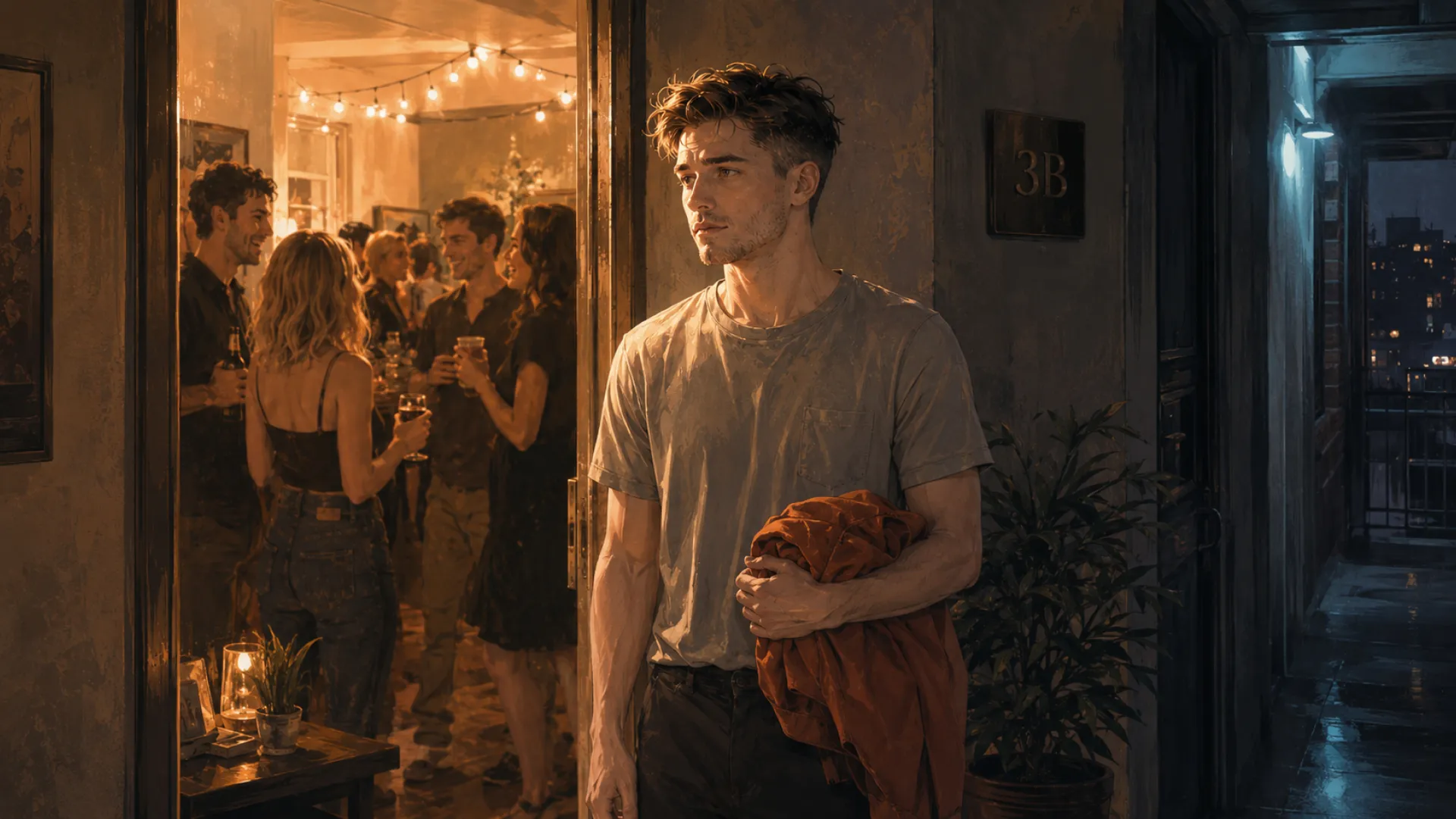 The Beacon out in the dim corridor outside flat 3B with a jacket bundled under one arm, while the lit party carries on through the open door