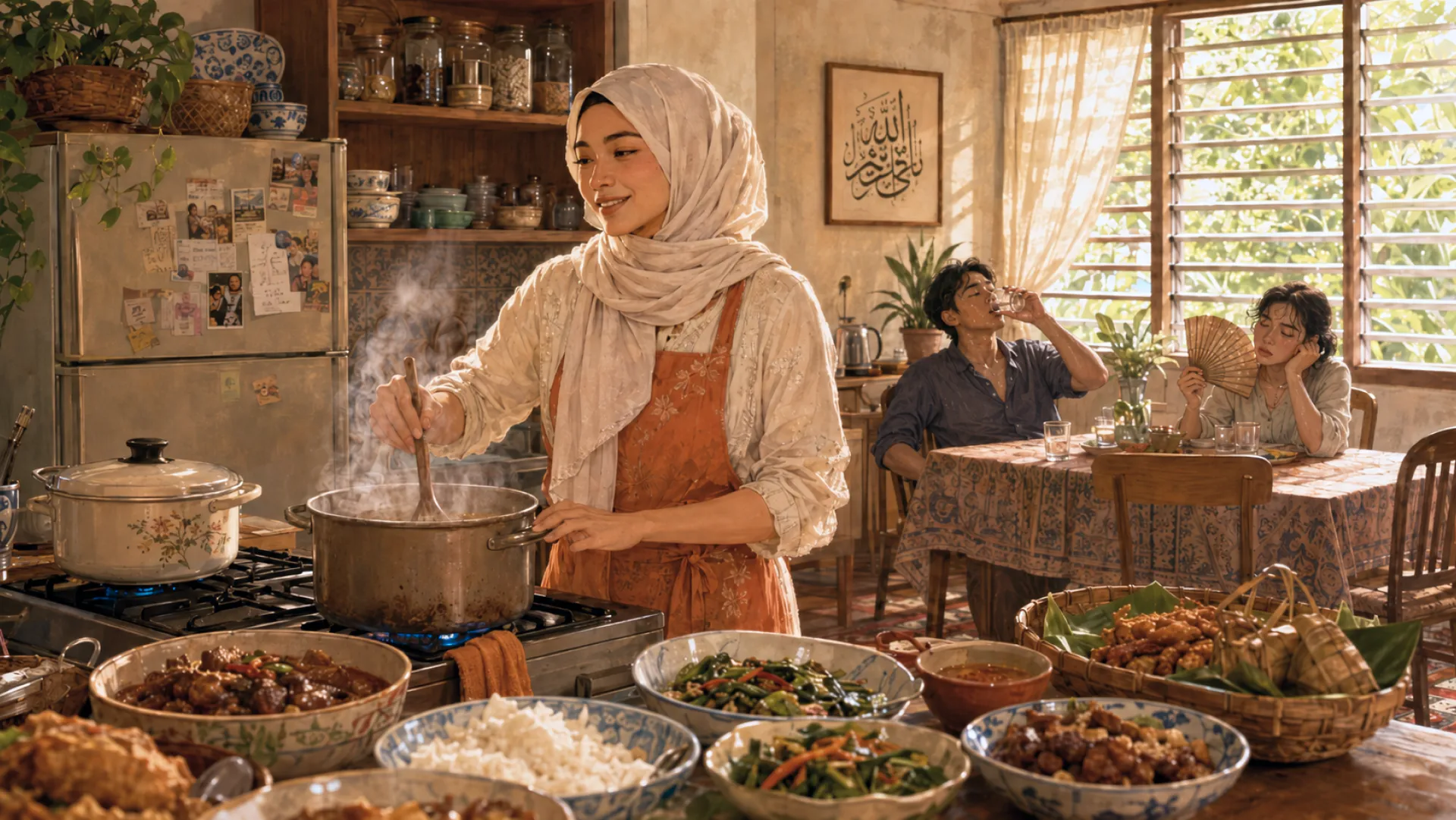 The Beacon stirring a big pot on the hob in a hot kitchen, with rice, curry and greens laid out, and two people at the table behind, one fanning and one drinking water