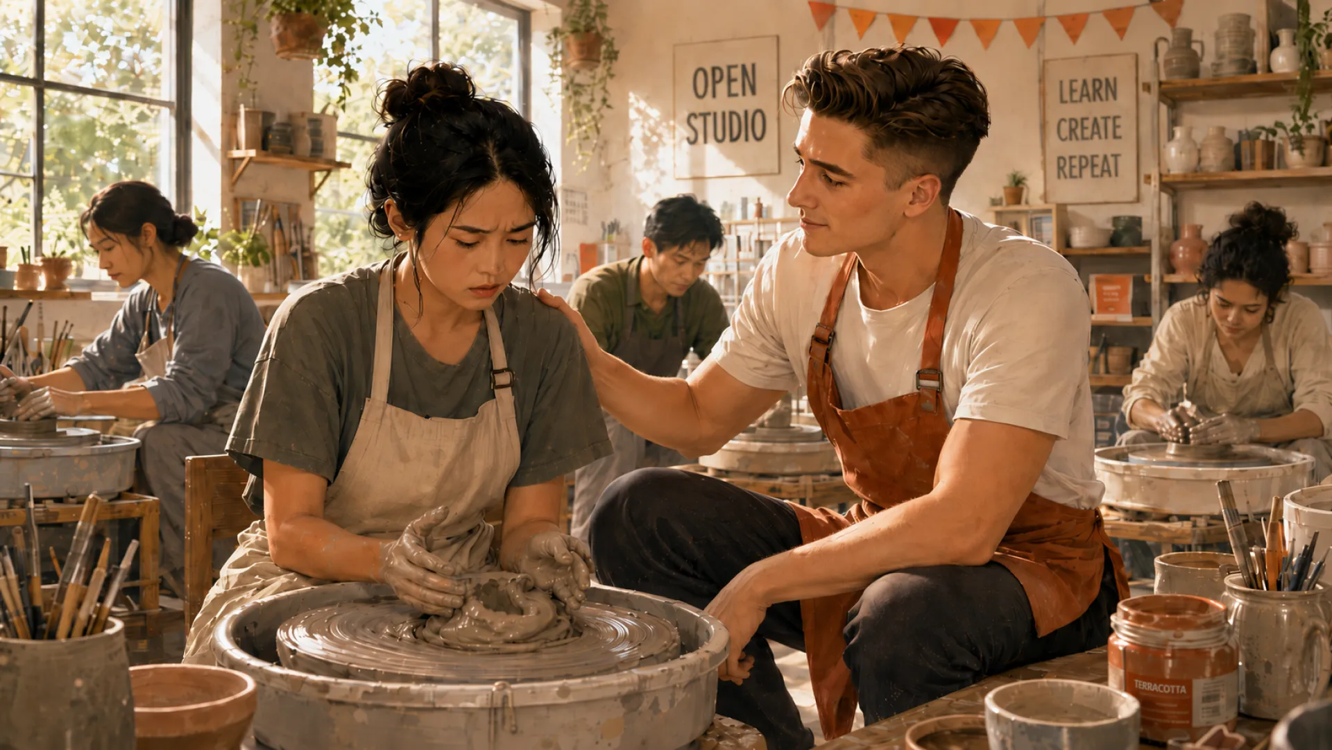 The Beacon resting a hand on the shoulder of a struggling potter at the wheel, in a busy open studio
