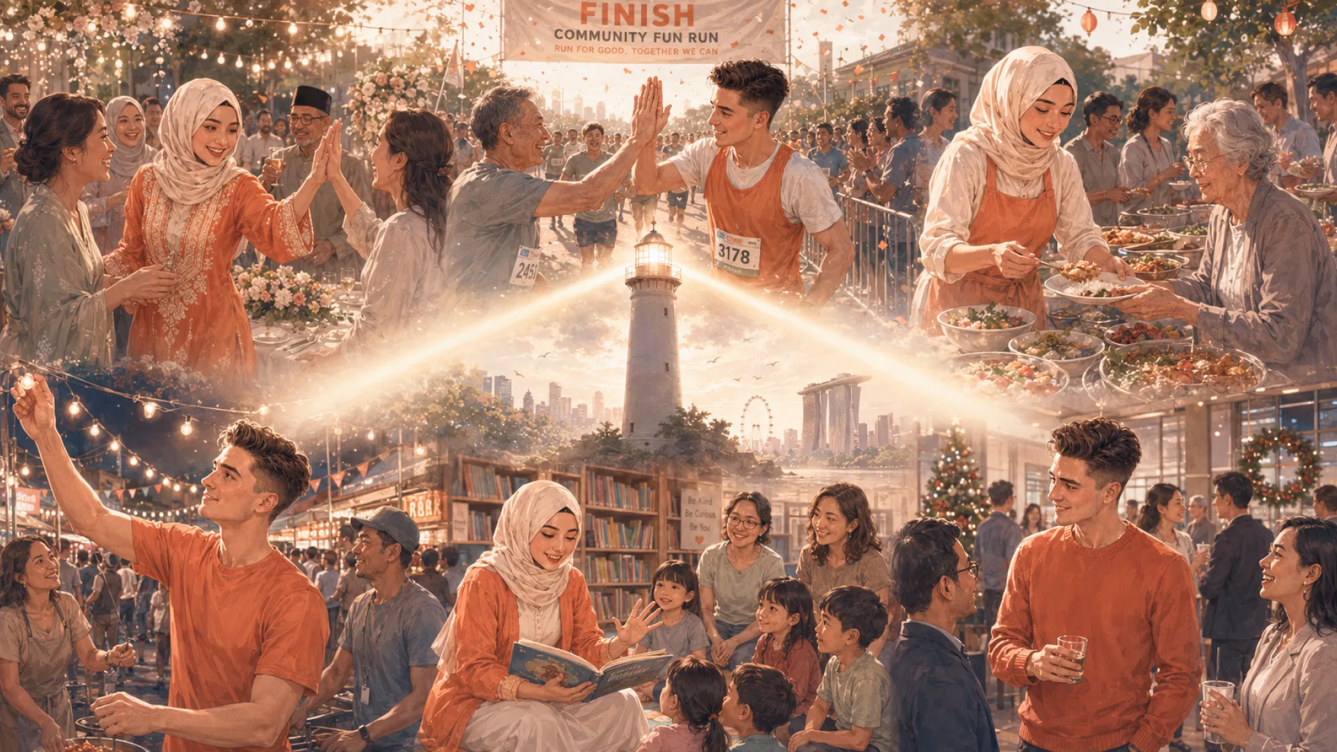 The Beacon in six scenes around a lighthouse above a city skyline: greeting guests at a table, a fun-run finish line, serving at a buffet, hanging lights, reading to children, and a crowded party