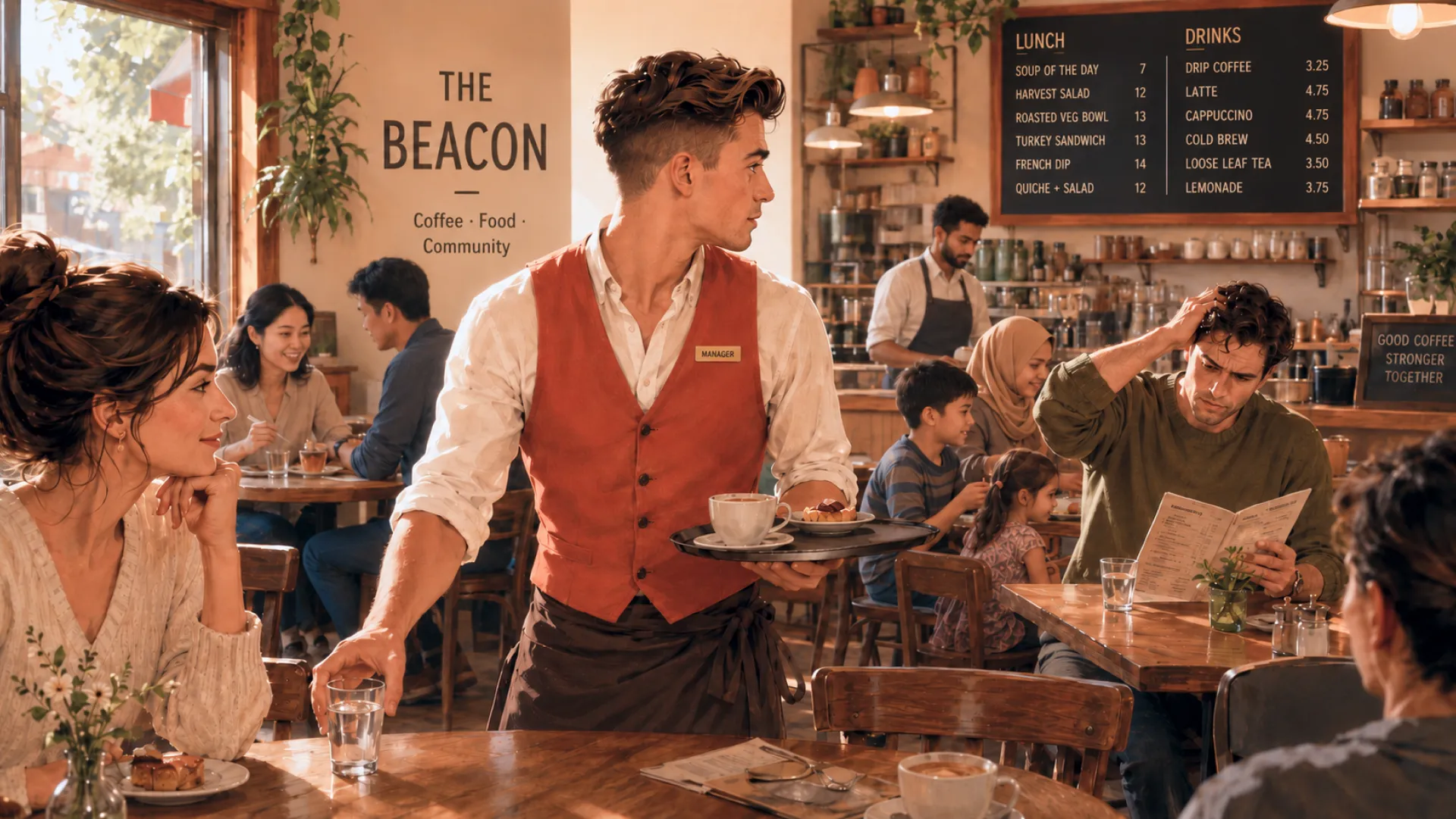 The Beacon crossing a busy cafe with a coffee on the tray, setting a glass of water down at one table while already looking toward a customer across the room