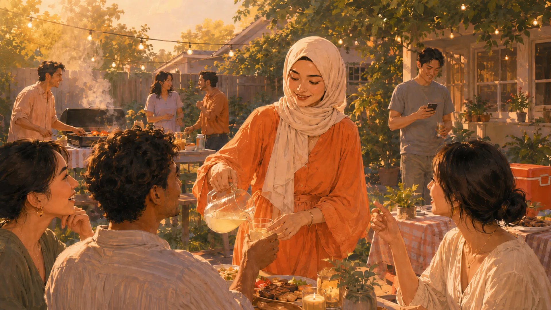 The Beacon pouring a drink for one guest and holding another guest's hand across the table at a backyard barbecue strung with lights
