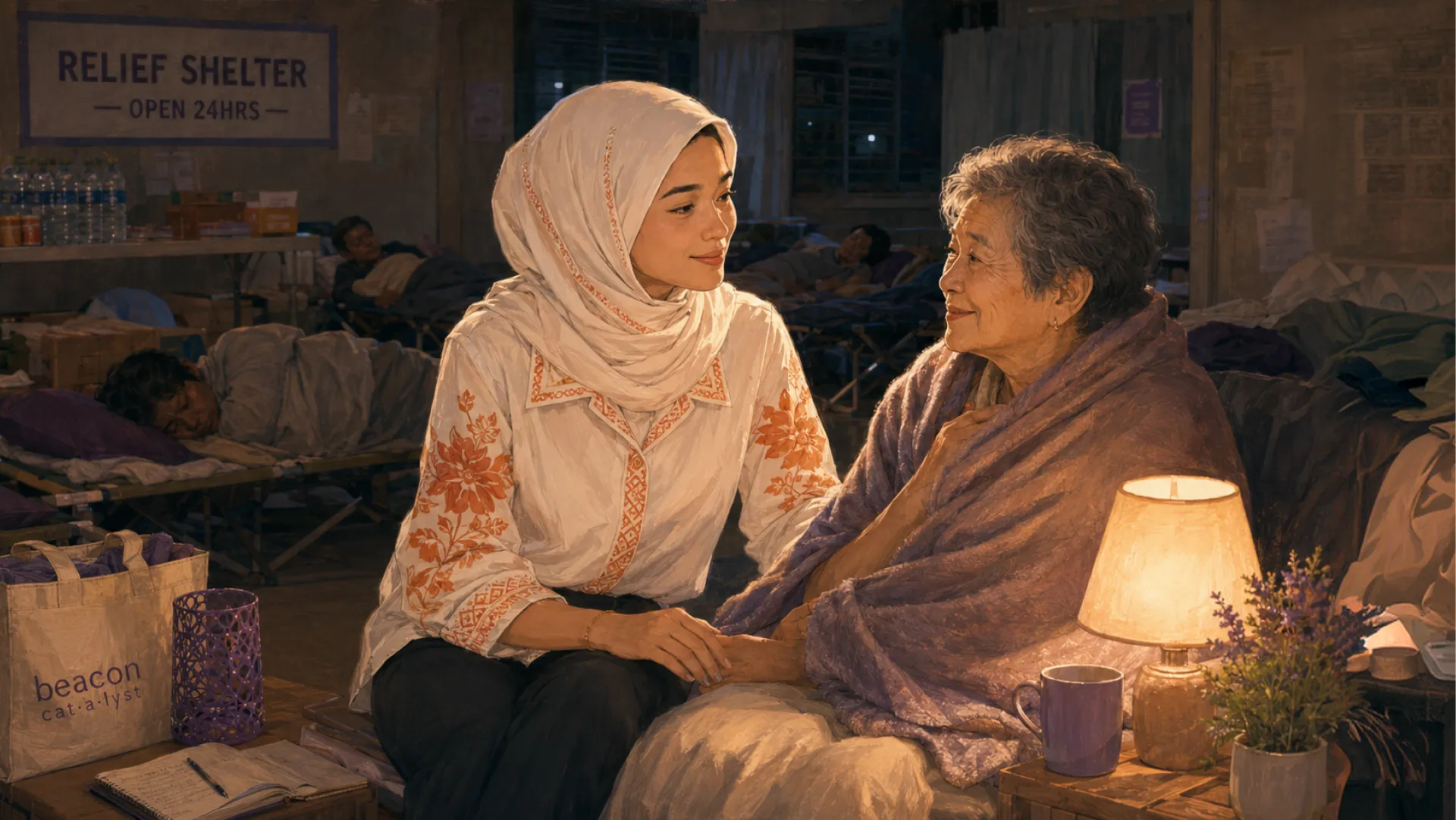 The Beacon sitting by a lamp in a night relief shelter, holding the hand of an older person wrapped in a shawl while others sleep on cots