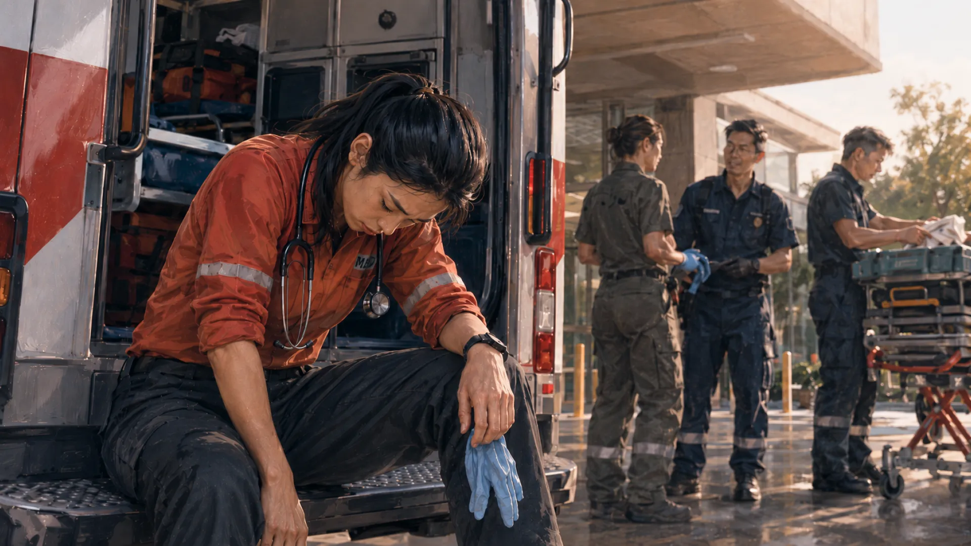 The Blaze sitting head down on the back step of an open ambulance after a call, a peeled-off glove still in one hand