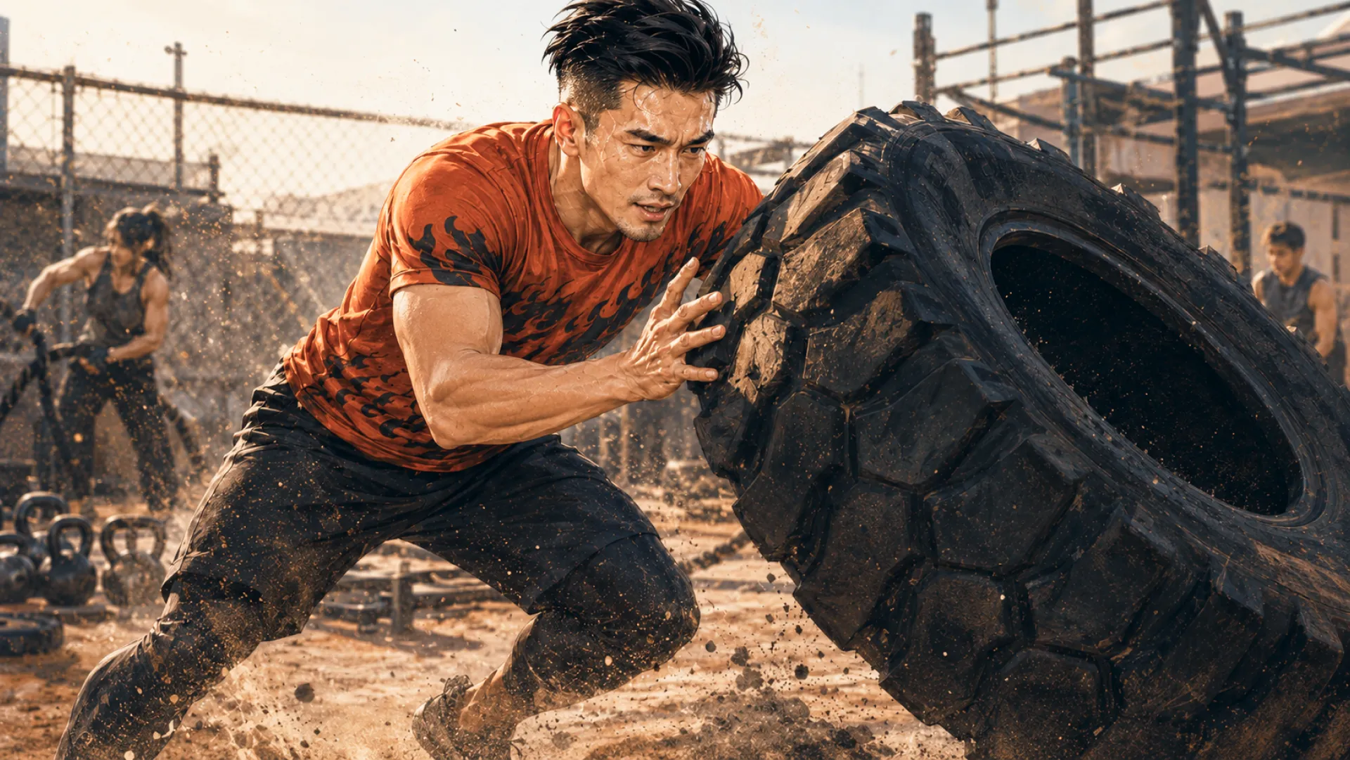 The Blaze mid-flip on a huge tractor tyre at a sandy outdoor training ground, kettlebells and battle ropes behind