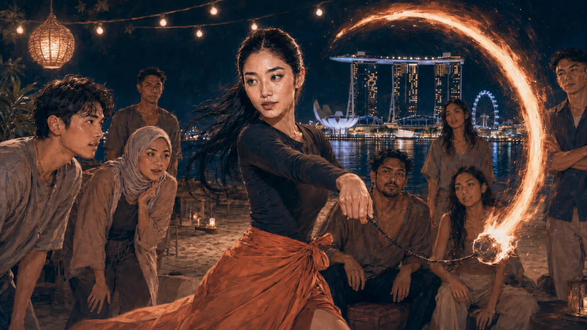 The Blaze spinning a burning poi into a bright arc on a night beach, a half-circle of onlookers turned toward it