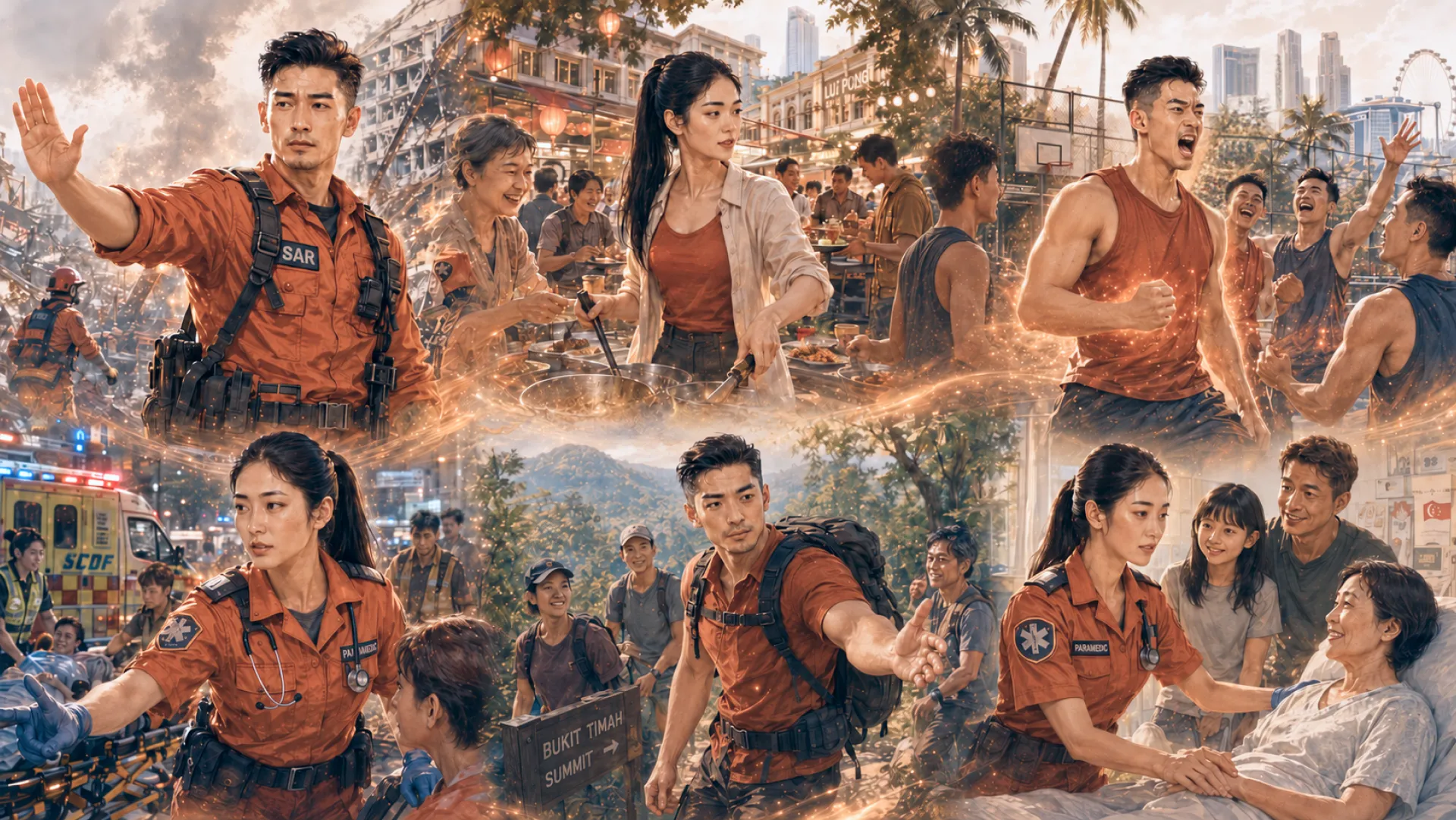 The Blaze in six scenes threaded by a ribbon of sparks: signalling at a rescue site, cooking at a hawker stall, celebrating on a basketball court, working a stretcher, leading a group past a summit sign, and holding a patient's hand at the bedside while the family look on