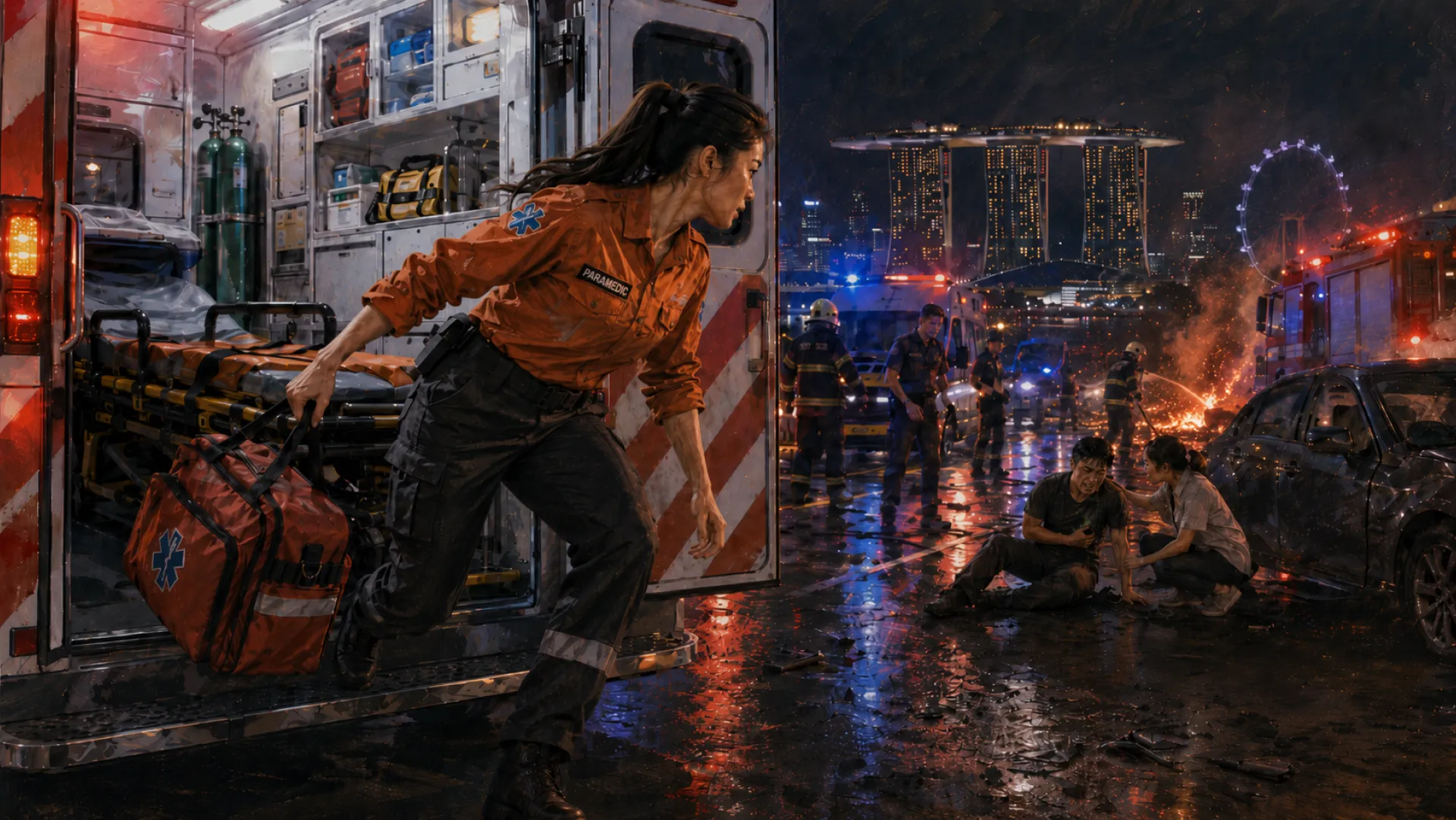 The Blaze lifting a red medical bag out of an ambulance at a night crash scene, a wrecked car and a firefighter hosing burning debris behind