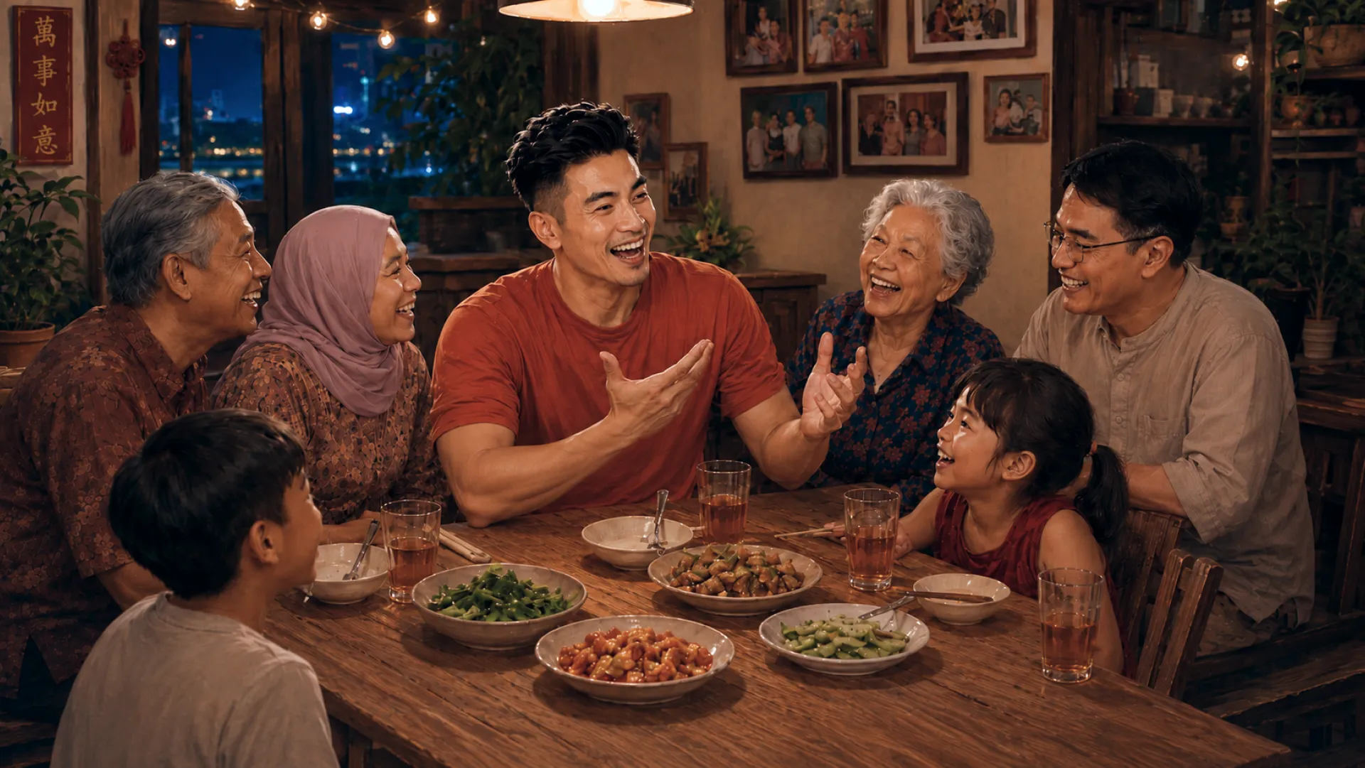 The Blaze mid-story at a crowded family table, hands up, three generations laughing along over bowls of food
