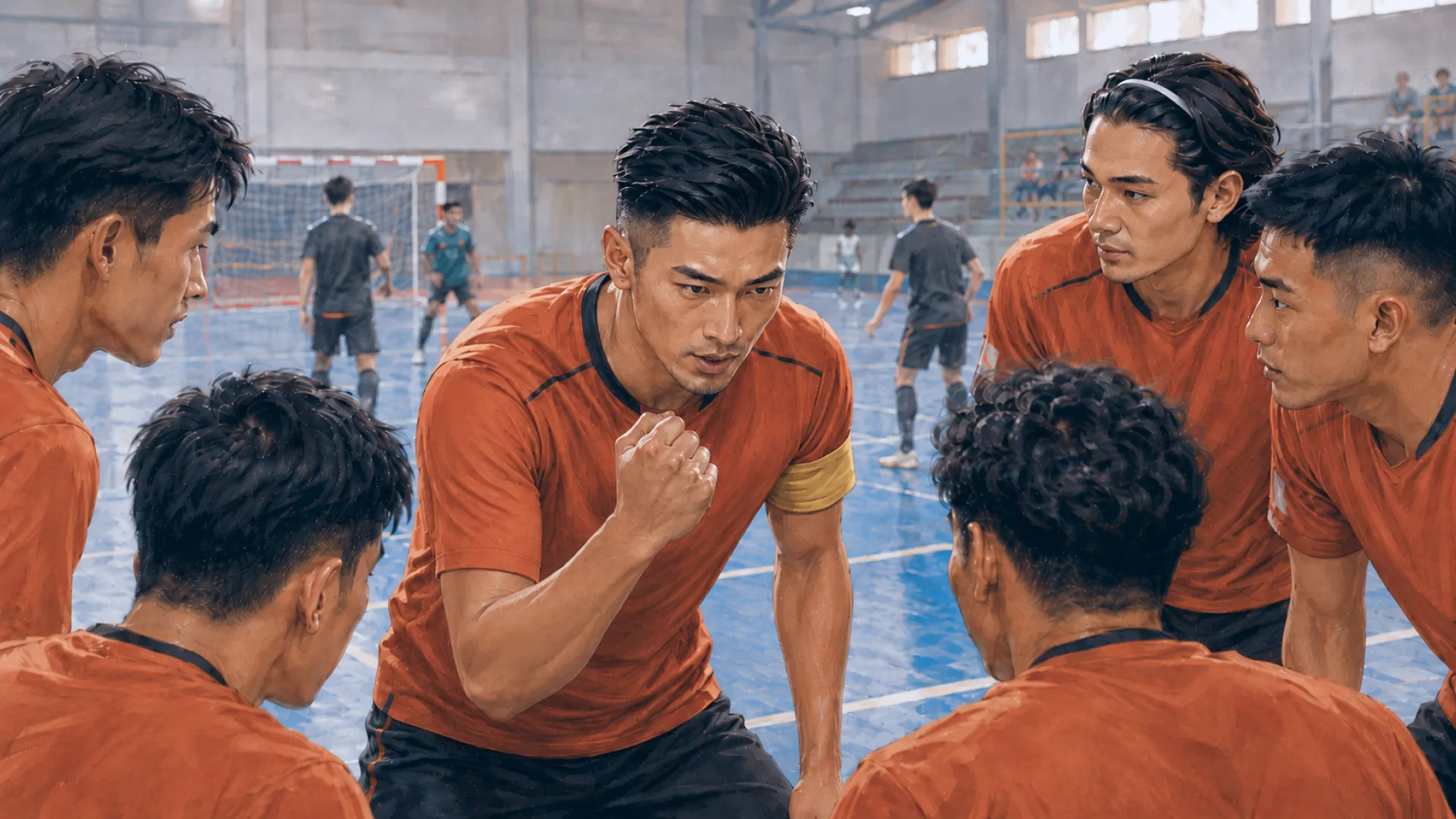 The Blaze crouched in the middle of a futsal huddle with a fist raised, teammates leaning in from every side