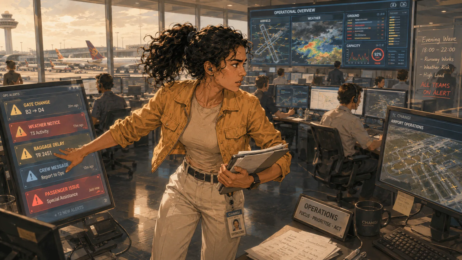 The Charge in an airport operations room, reaching for a screen where the alerts are stacking up