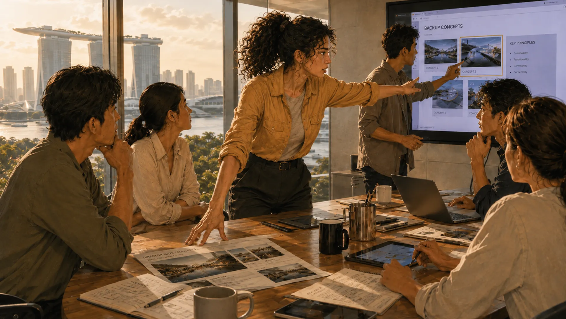 The Charge leaning across a boardroom table, pointing at one option on the screen