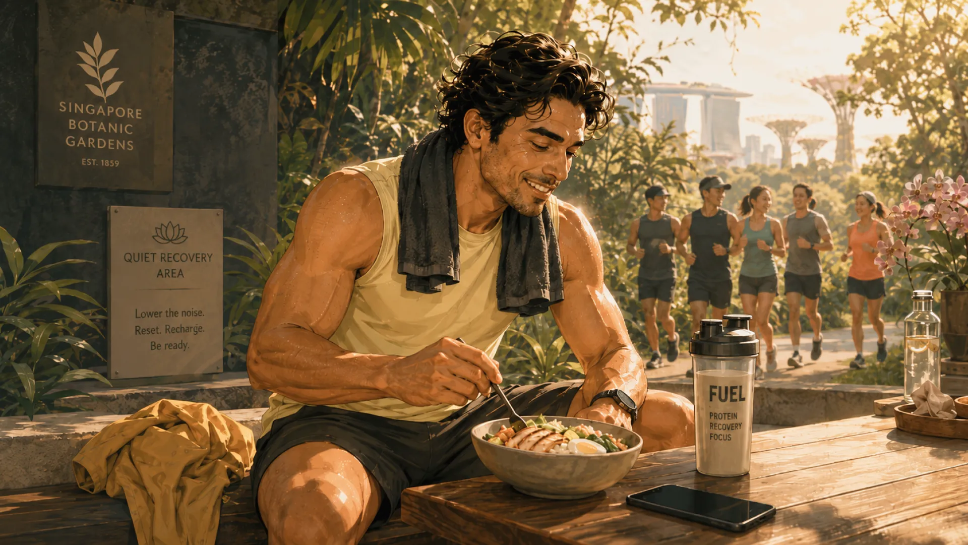 The Charge eating a protein bowl at a park table straight after training, towel still round the neck