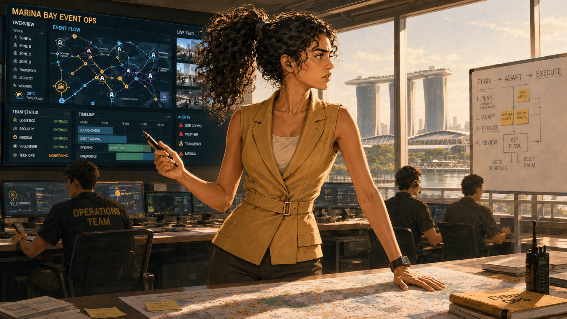 The Charge standing over a site map in an event operations room, working from the live screens behind