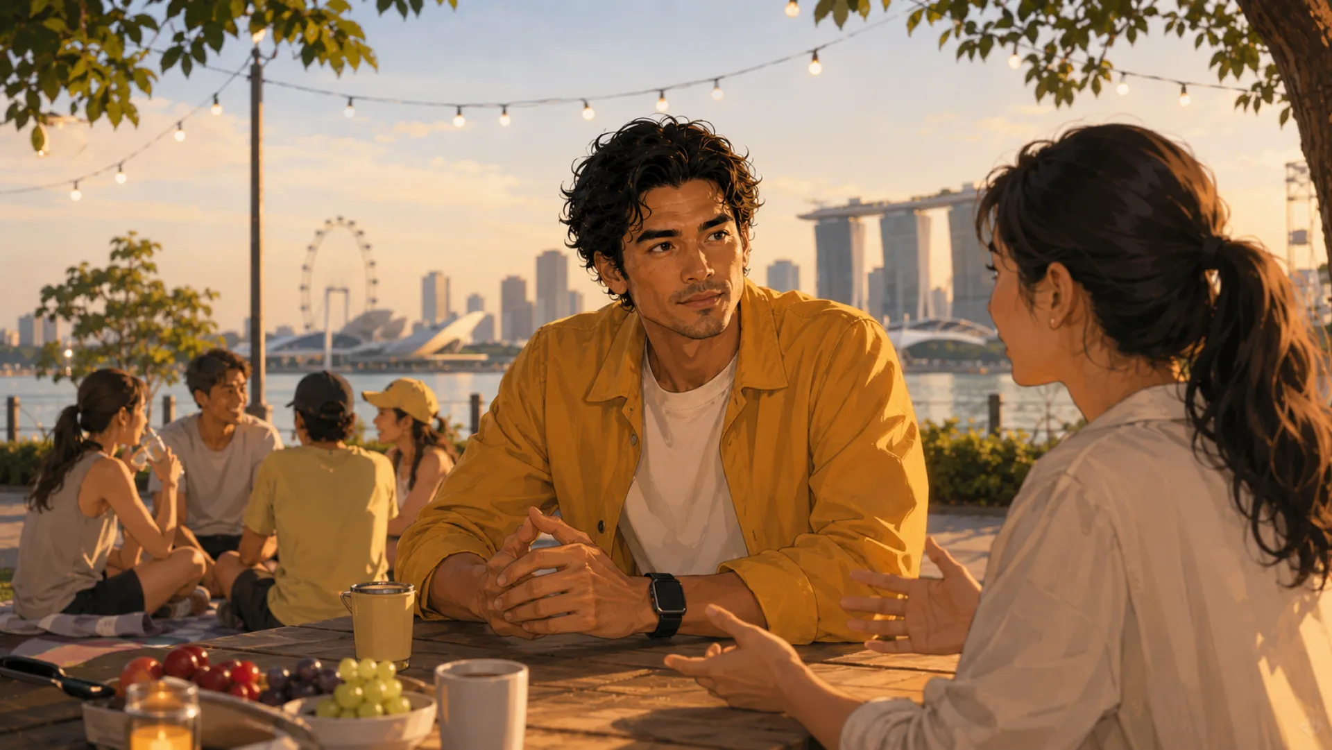 The Charge listening to one person across an outdoor table while friends sit on a blanket nearby