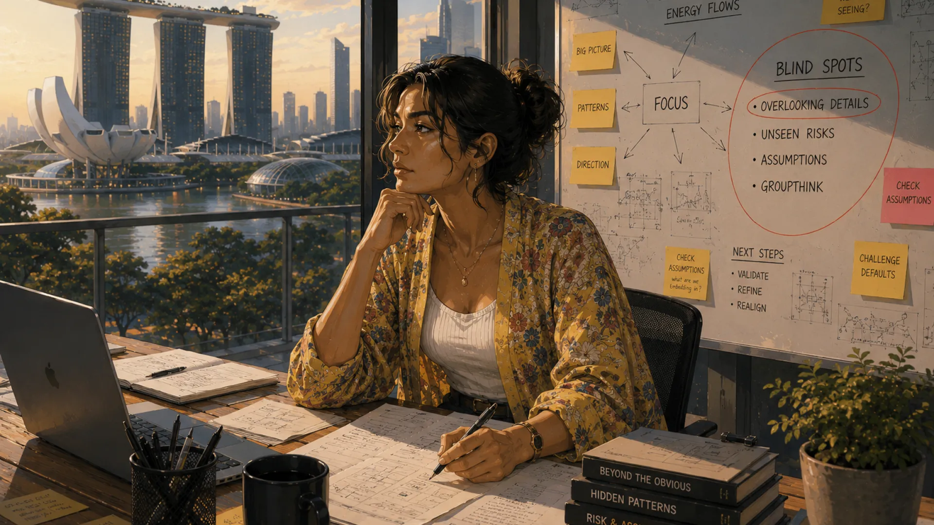 The Compass pausing at a desk to look out over the bay, notes and a whiteboard alongside