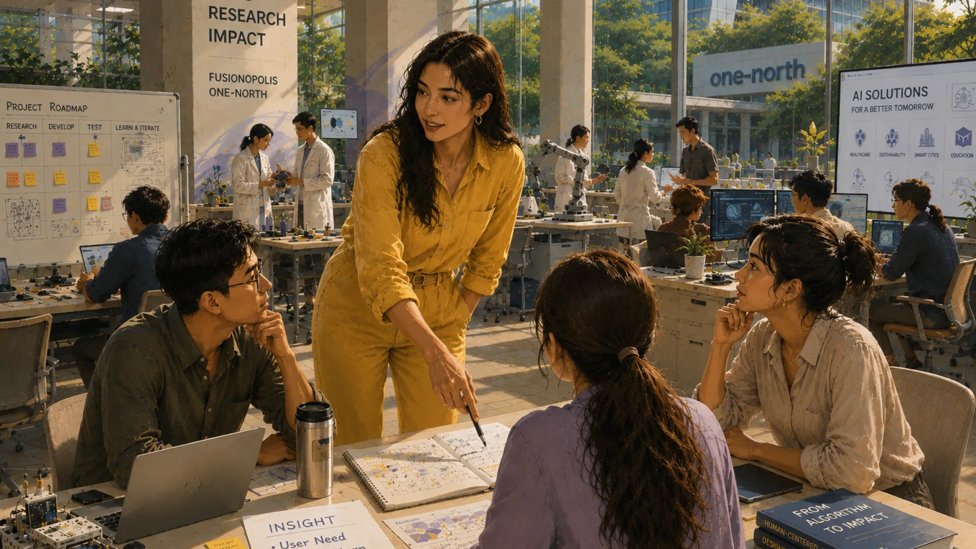 The Compass leaning over a table in a busy lab, walking three colleagues through a plan