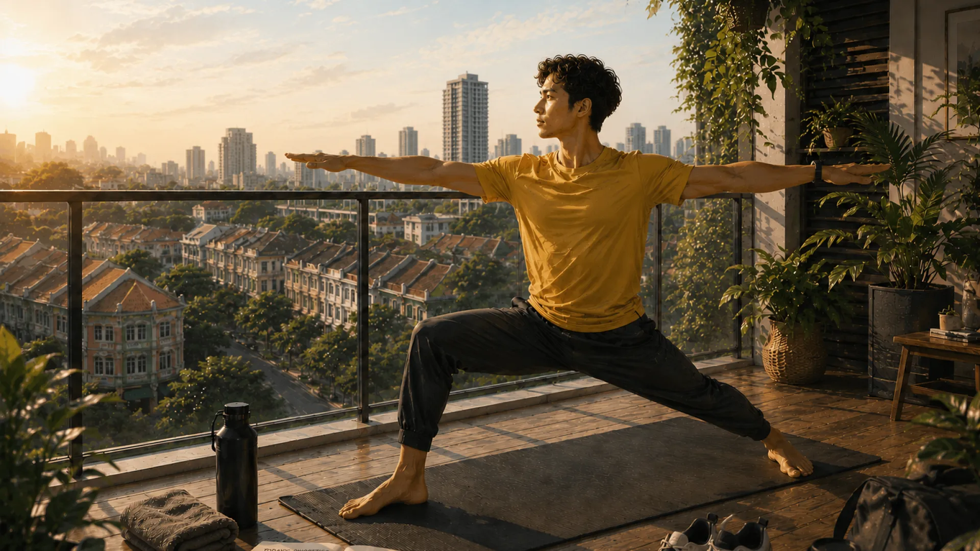 The Compass holding a wide yoga stance on a balcony mat at sunrise, city rooftops behind