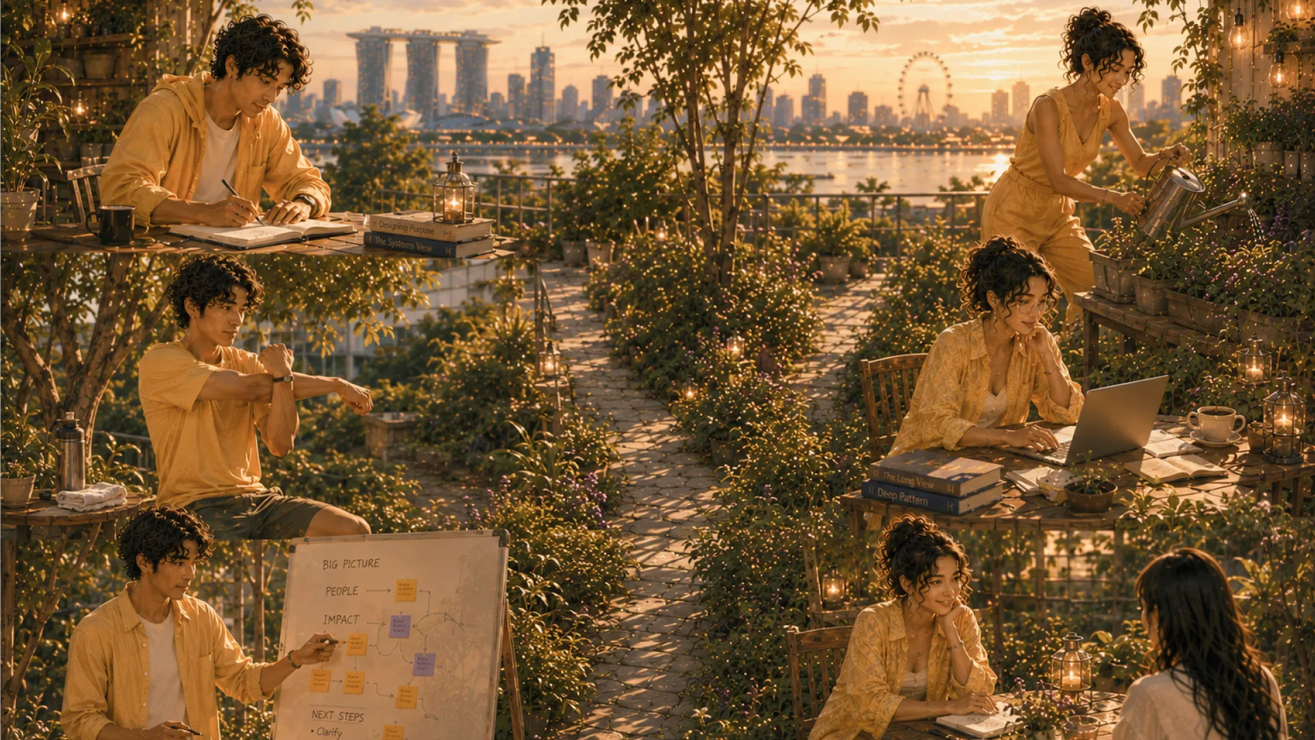 Six scenes around a rooftop garden at sunset: writing, stretching, a whiteboard, watering plants, a laptop, one long conversation