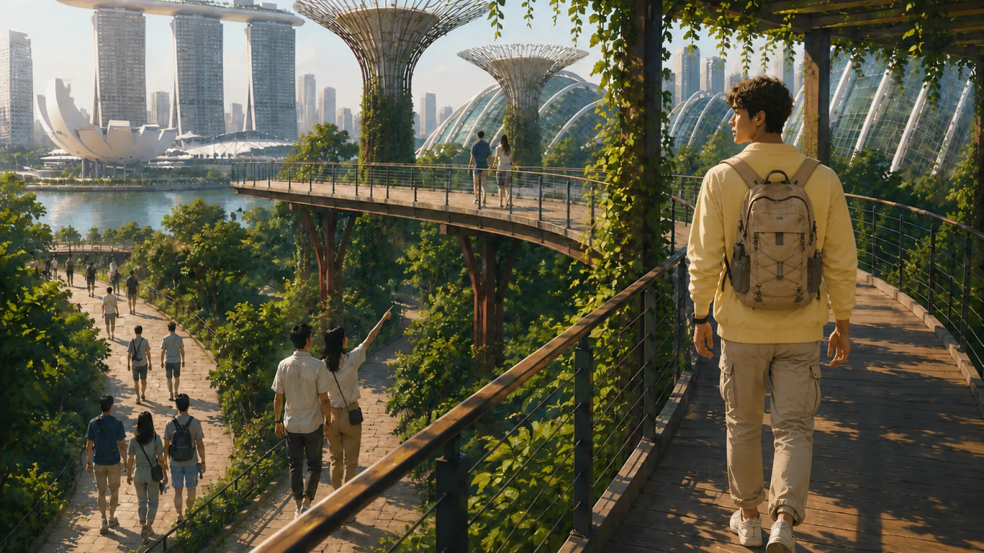 The Compass on a garden skywalk above the city, walkers on the path below