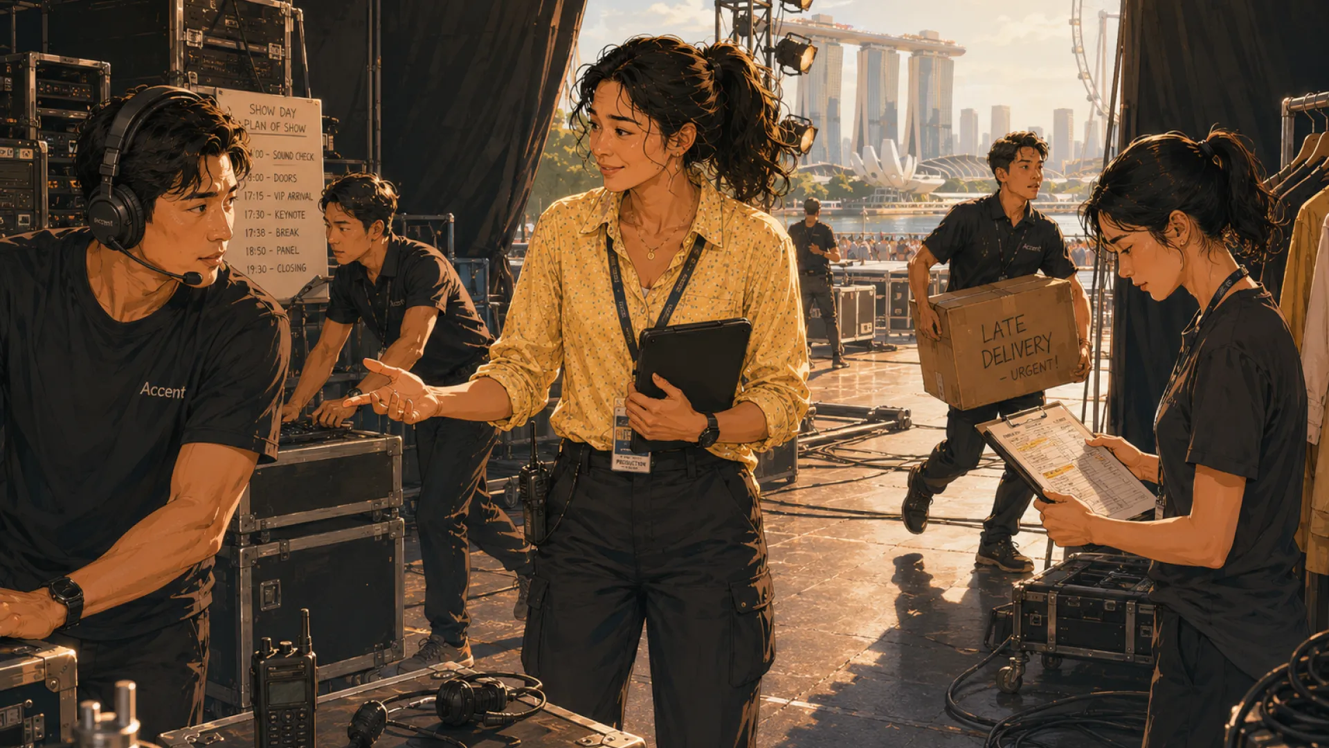 The Current backstage on show day, talking with the crew while a late delivery is carried past
