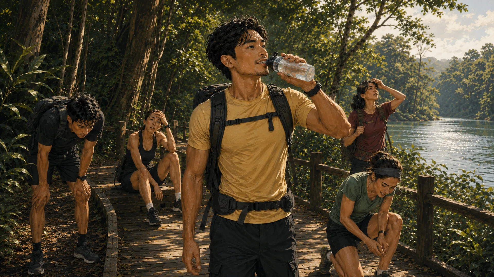 The Current drinking water on a long trail while the rest of the group catches its breath