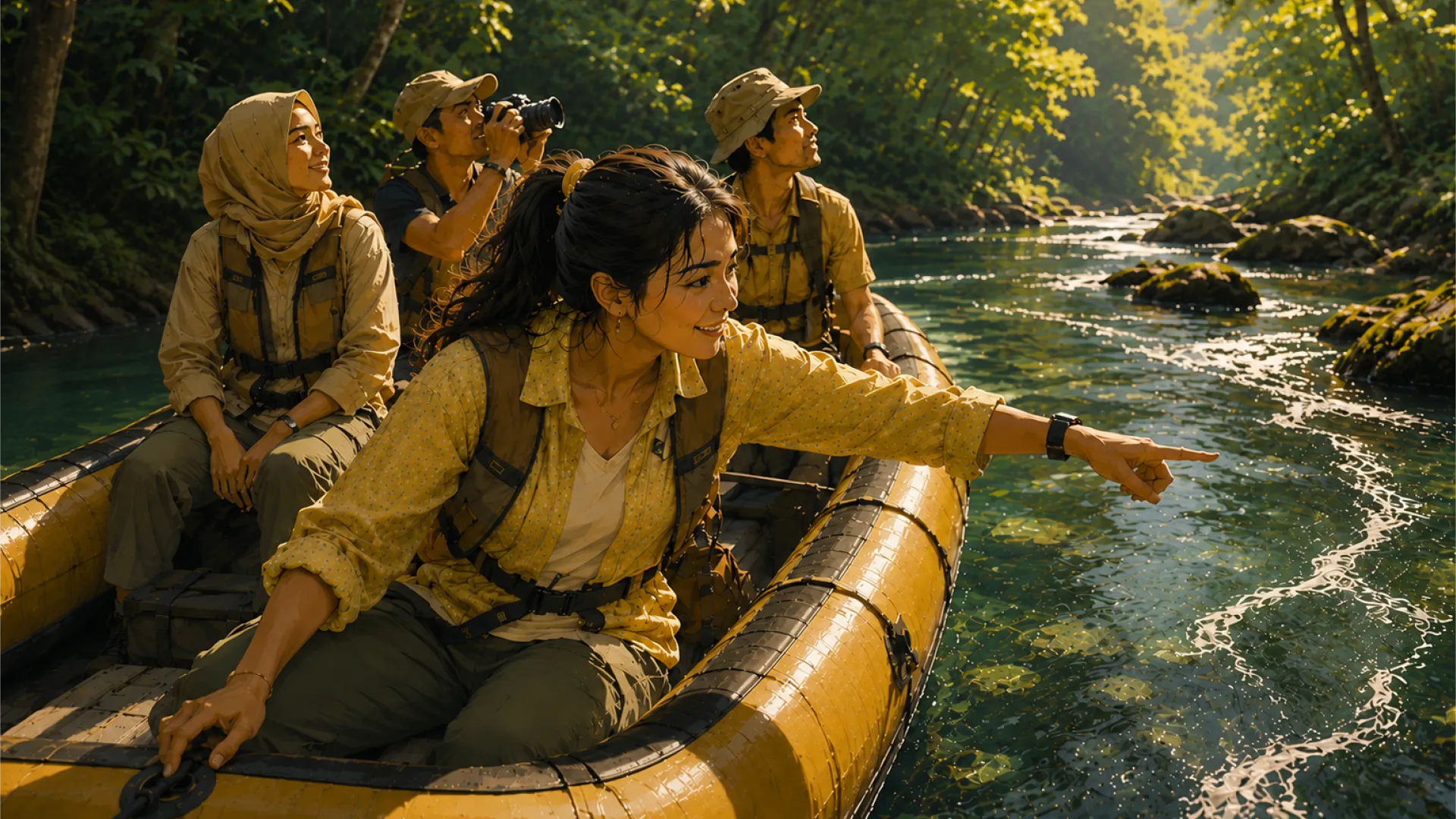 The Current pointing out the course ahead from a raft as it moves down a forest river