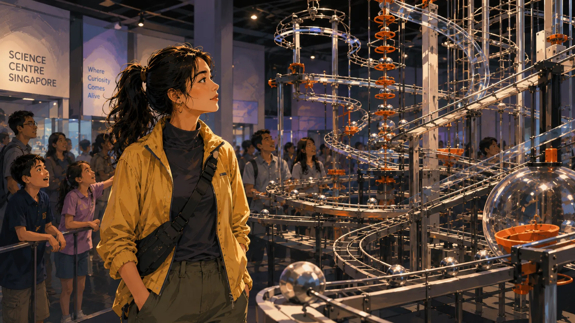 The Current watching a marble run at a science centre, following the balls along the track