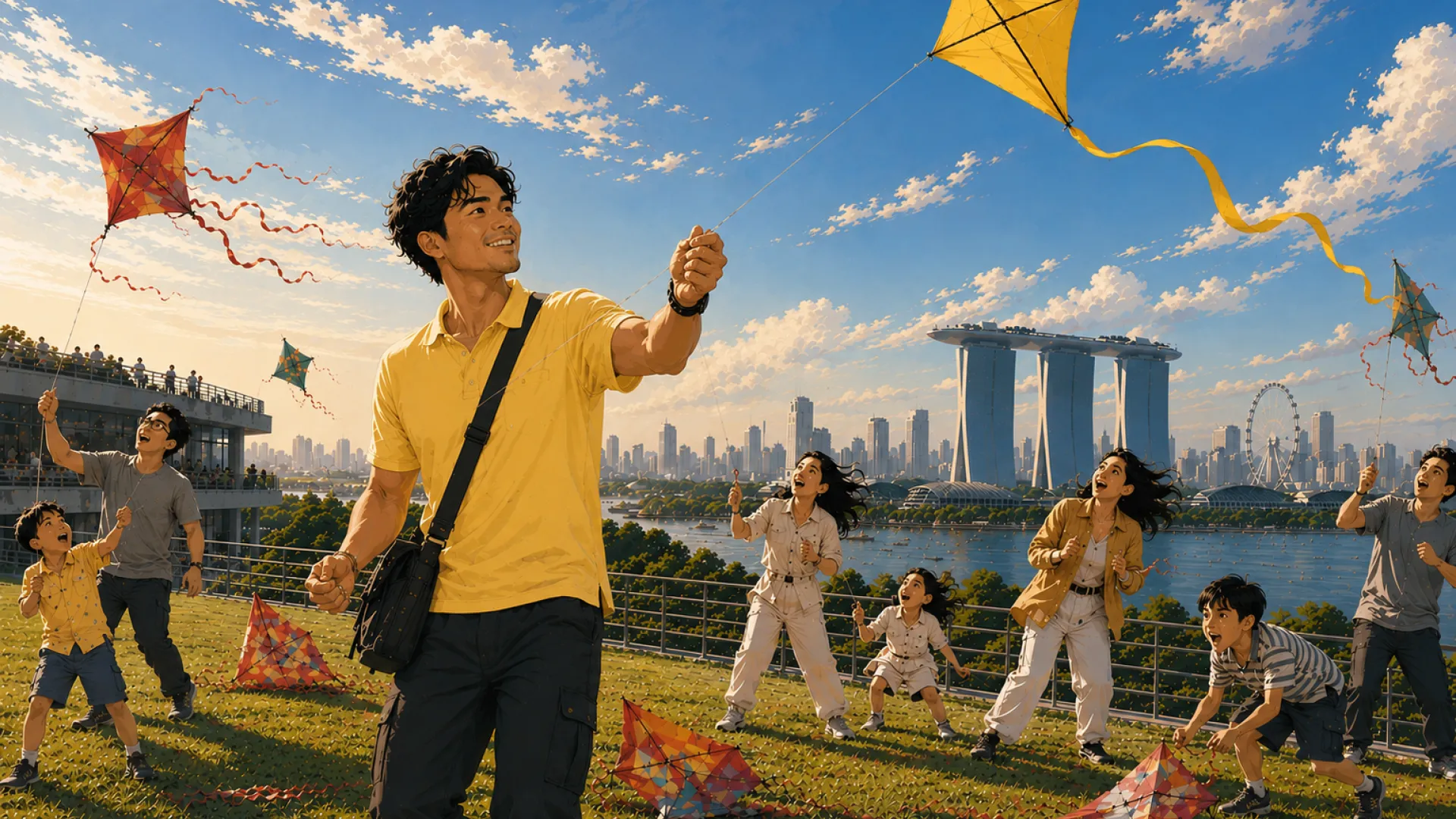 The Current reading the wind on an open lawn, kite held steady above the city skyline