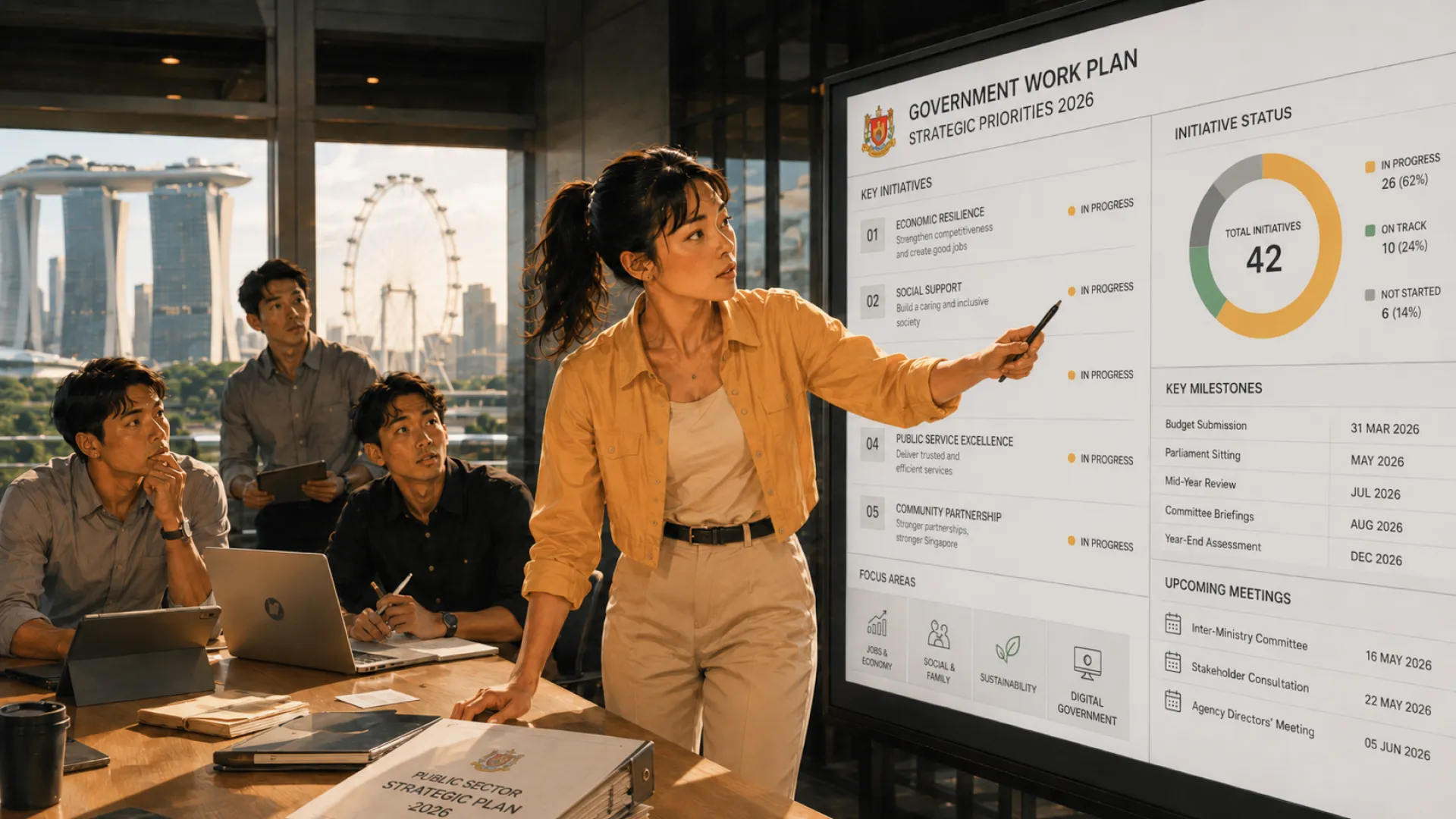The Edge standing at a boardroom screen, pointing out a line on a 2026 strategic plan while three colleagues watch from the table