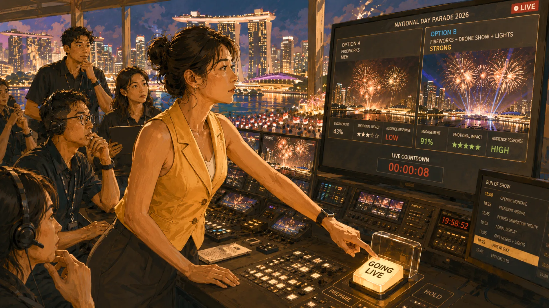 The Edge reaching for the lit GOING LIVE button in a broadcast control room, eight seconds left on the countdown, crew watching from their desks