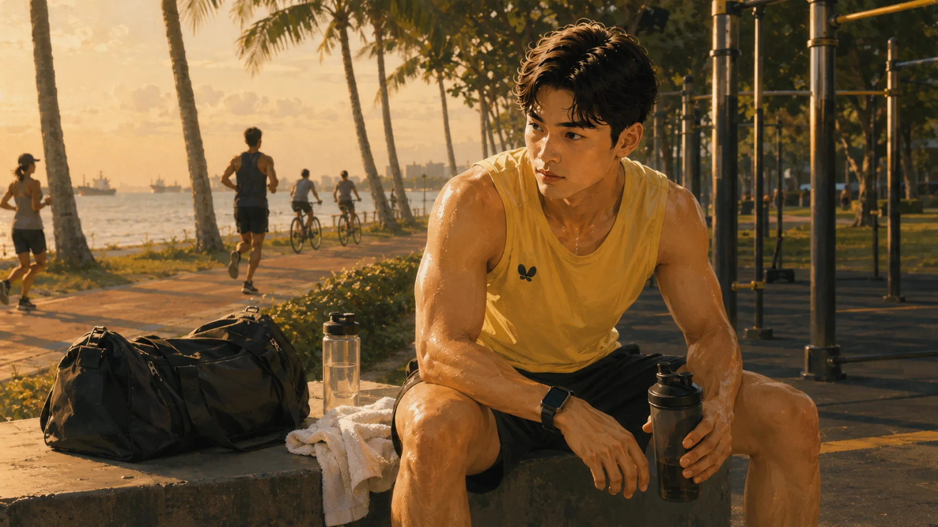 The Edge sitting on a low wall at a seaside park after a session, shaker bottle in hand, towel and gym bag alongside