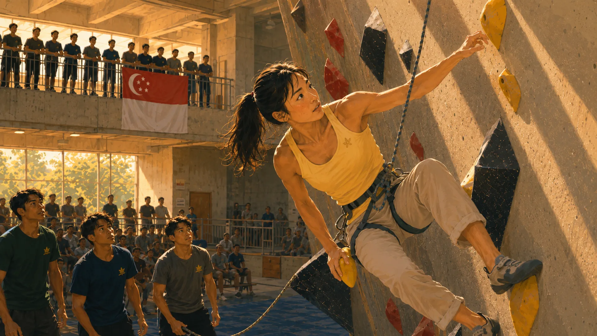 The Edge high on an indoor competition climbing wall, stretched out for the next hold, with spectators and a Singapore flag on the balcony behind