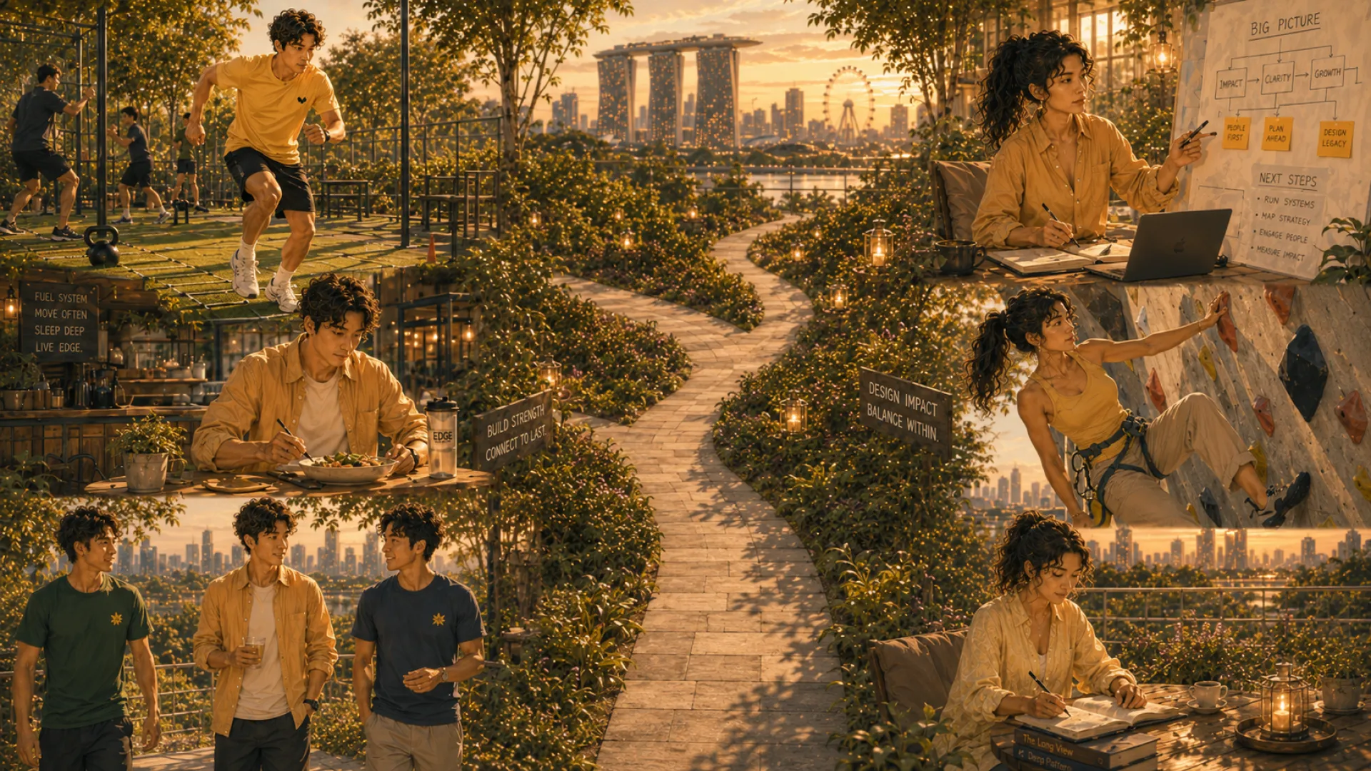 The Edge's week in six scenes set around a garden path at sunset: training outdoors, a meal, walking with friends, planning at a whiteboard, a climbing wall, and reading at a table