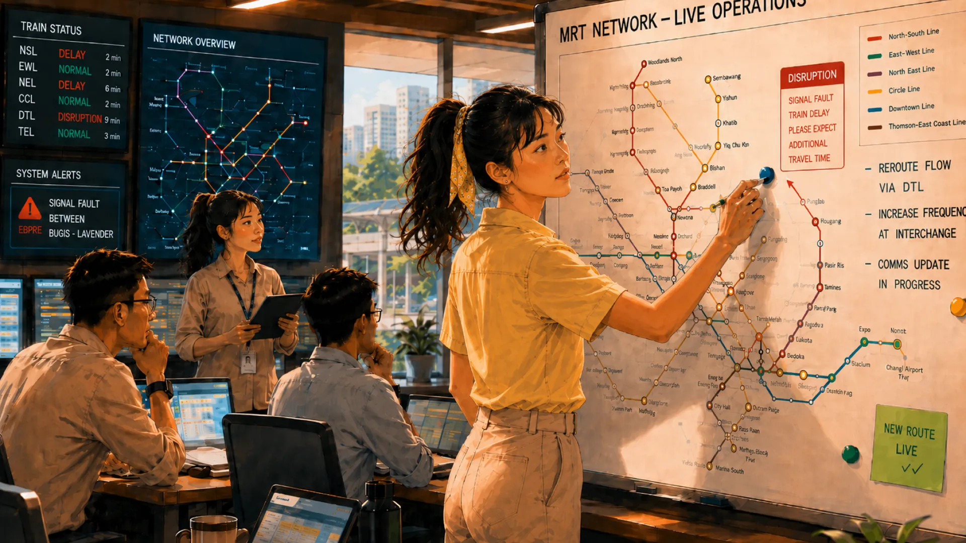 The Edge marking a new route on a large MRT network map in a control room, colleagues watching from their monitors behind