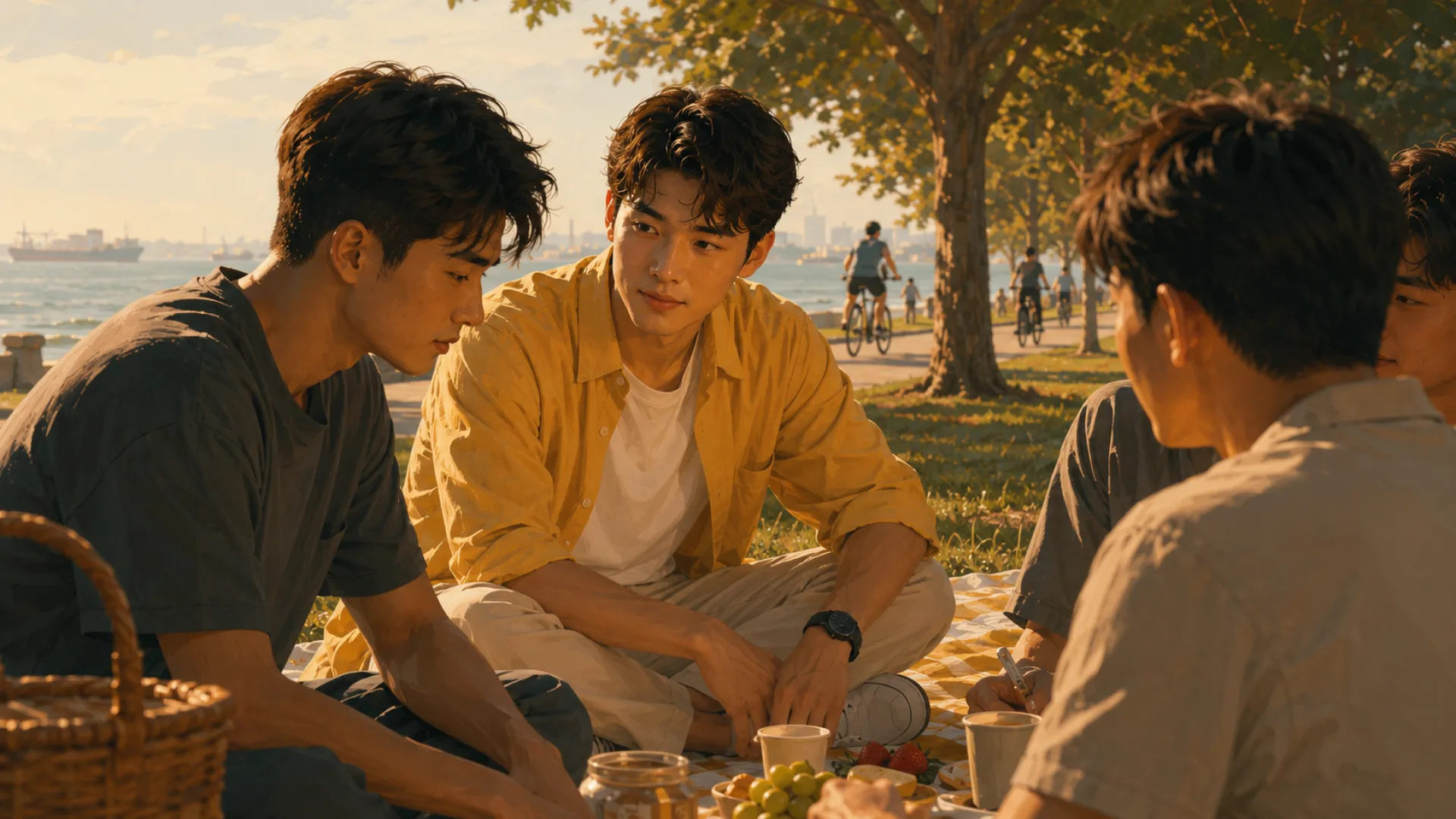 The Edge sitting on a picnic blanket with three friends in a seaside park at golden hour, listening while one of them talks