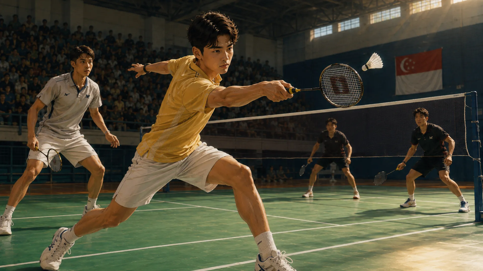 The Edge lunging at the net in a badminton match, racket stretched out to meet the shuttlecock, with a packed stadium behind