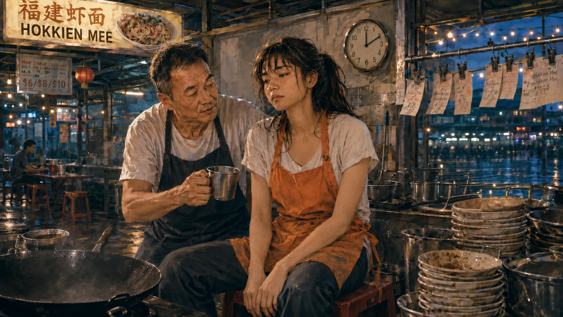 The Flare sat down on a stool after service, an older stallholder handing over a metal mug of tea beside the cold wok