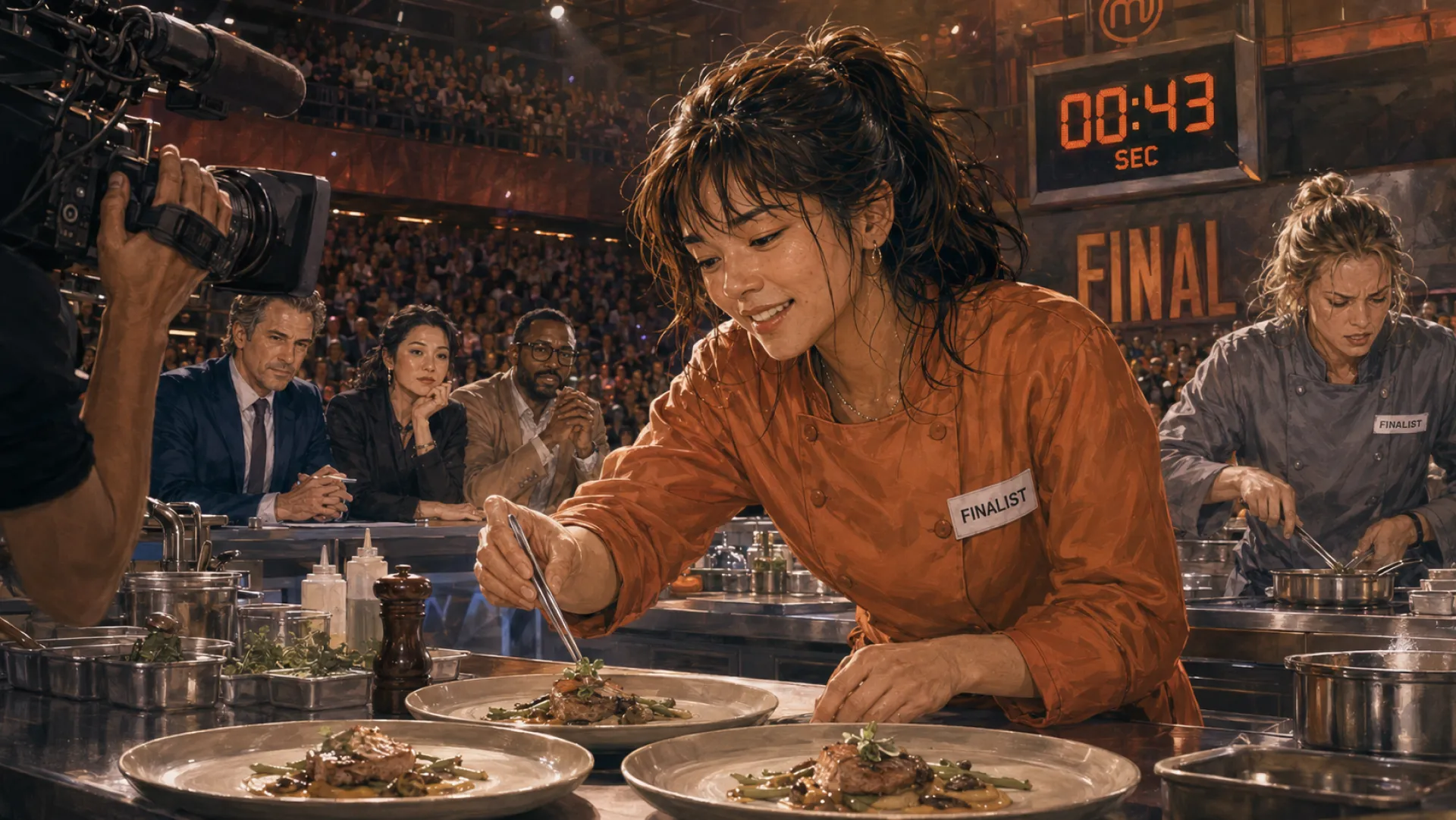 The Flare plating the final dish with forty-three seconds on the clock, judges and a camera crew watching from across the pass