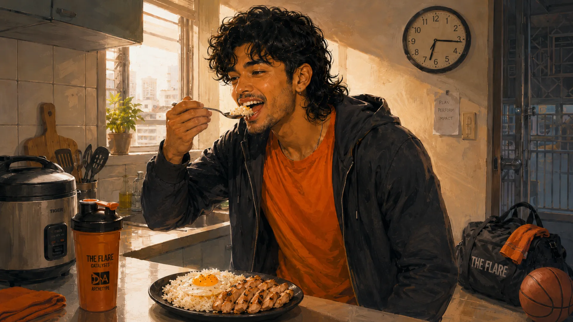 The Flare eating rice, egg and grilled chicken at a kitchen counter, kit bag and ball already by the door