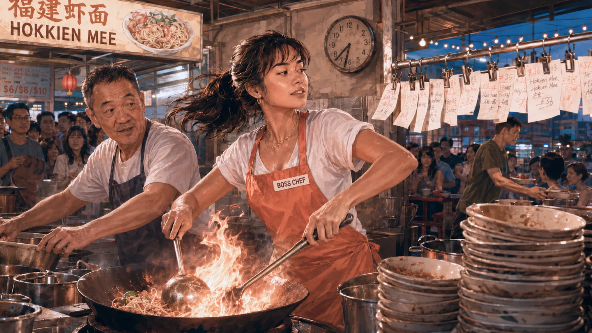 The Flare working a flaming wok at a night hawker stall, order slips pegged in a row above the pass