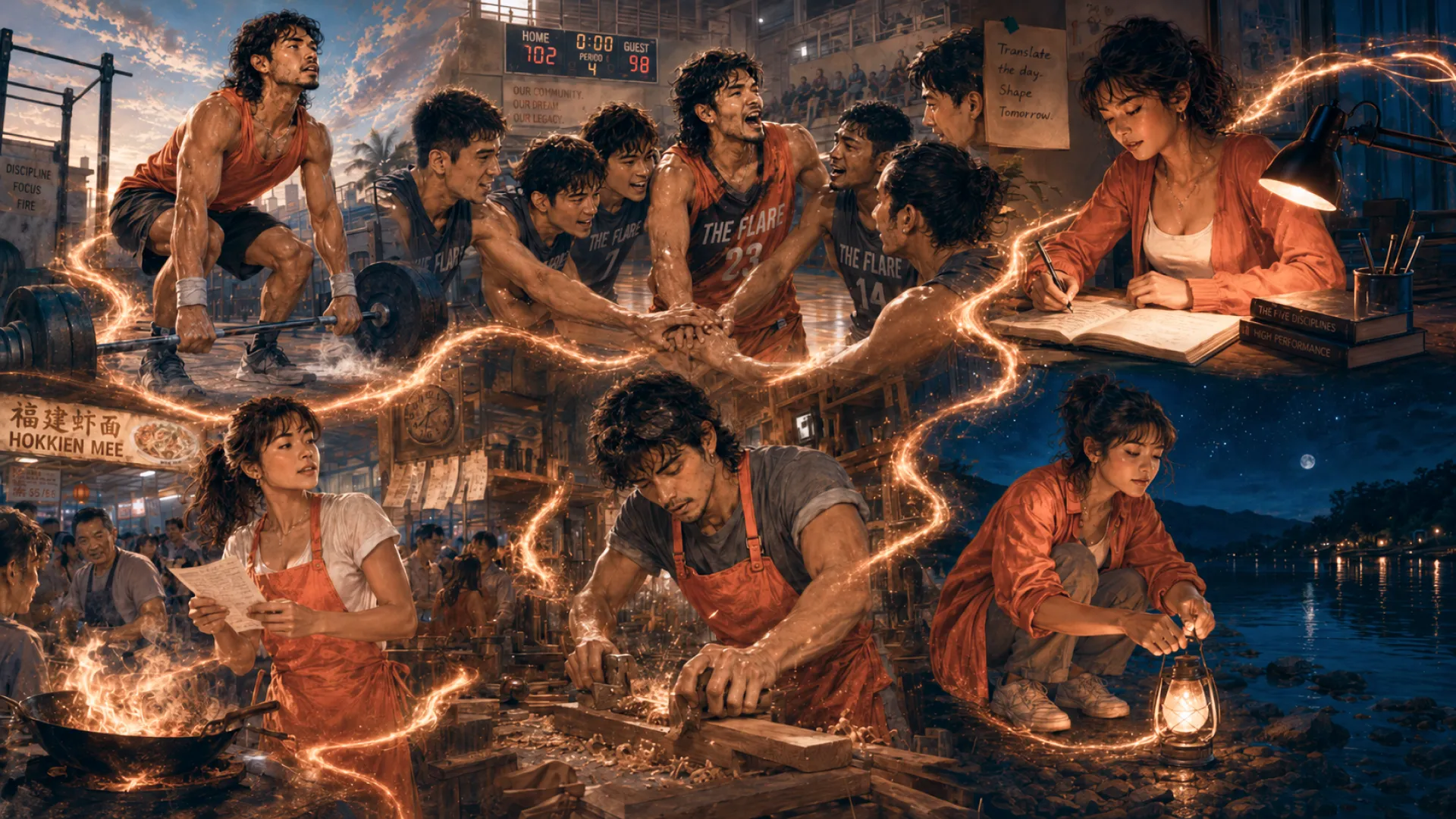 The Flare in six scenes threaded by one line of light: a barbell at dusk, the team huddle, the hawker stall, a workbench, a notebook under a lamp, and a lantern by the water at night