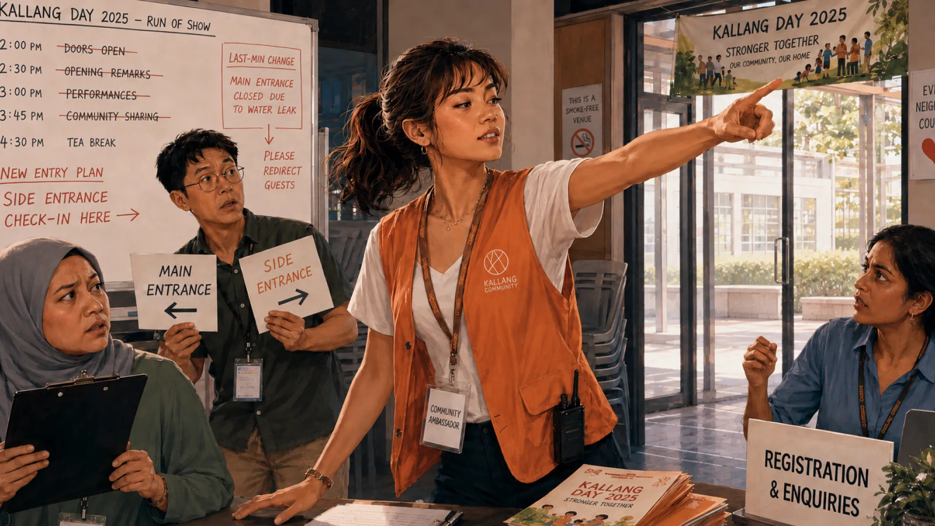 The Flare in a community volunteer vest, sending arriving guests to the side entrance after a last-minute change written up on the whiteboard behind
