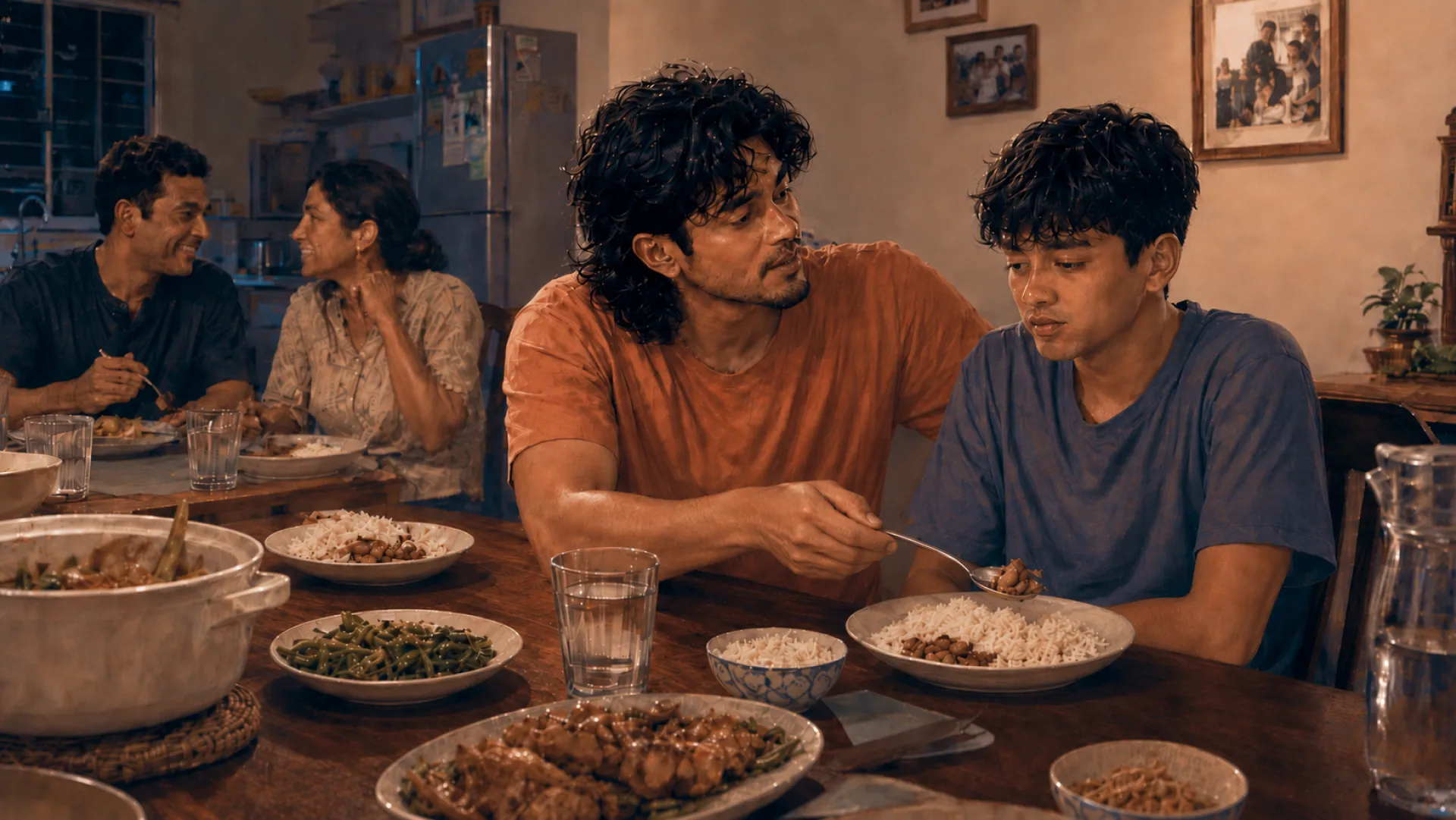The Flare at a family dinner table, spooning curry onto a quiet teenager's plate while the conversation carries on at the far end